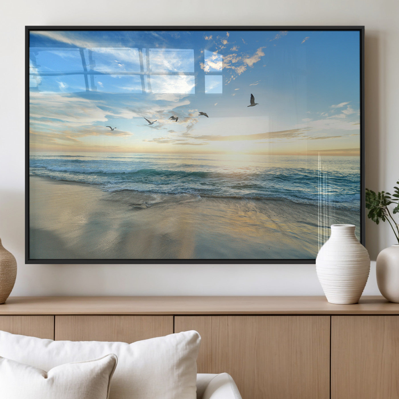 MGV-FP-60X30-3P - Minimalist Seaside Wall Art Canvas Print, Framed Morning Glow Art Picture Print, Golden Reflections Perfect Coastal Minimalist Decor Artwork