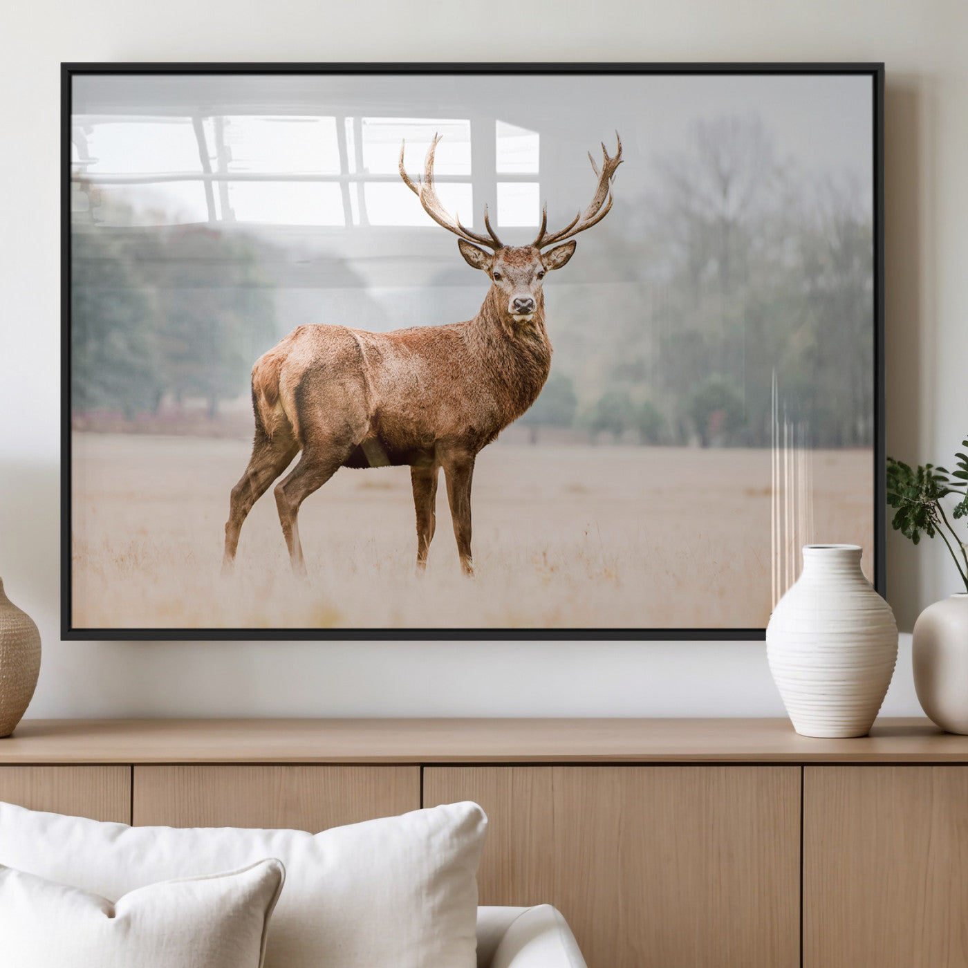 MGV-FP-36X24-3P - Vintage Wildlife Art Wall Art Canvas Print, Framed Misty Landscape Art Picture Print, Deer Wall Art Perfect Rustic Wildlife Decor Artwork