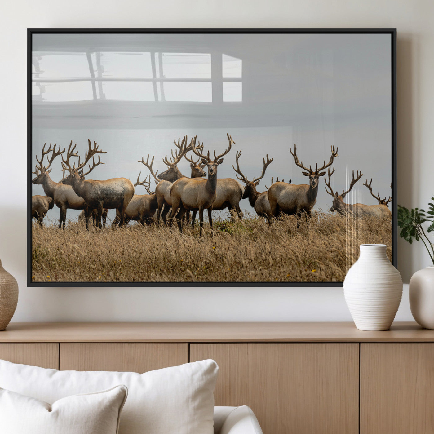 MGV-FP-60X30-3P - Elk Herd Wall Art Canvas Print, Framed Wildlife Photography Art Picture Print, Majestic Antlers Perfect Rustic Wildlife Decor Artwork