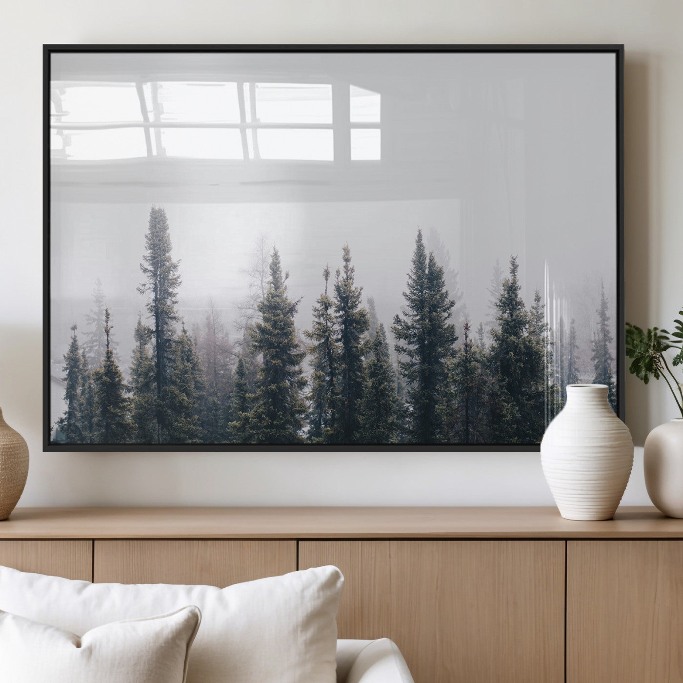 MGV-FP-60X30-3P - Foggy Forest Wall Art Canvas Print, Framed Misty Pines Art Picture Print, Moody Woodland Perfect Scandinavian Minimalist Decor Artwork