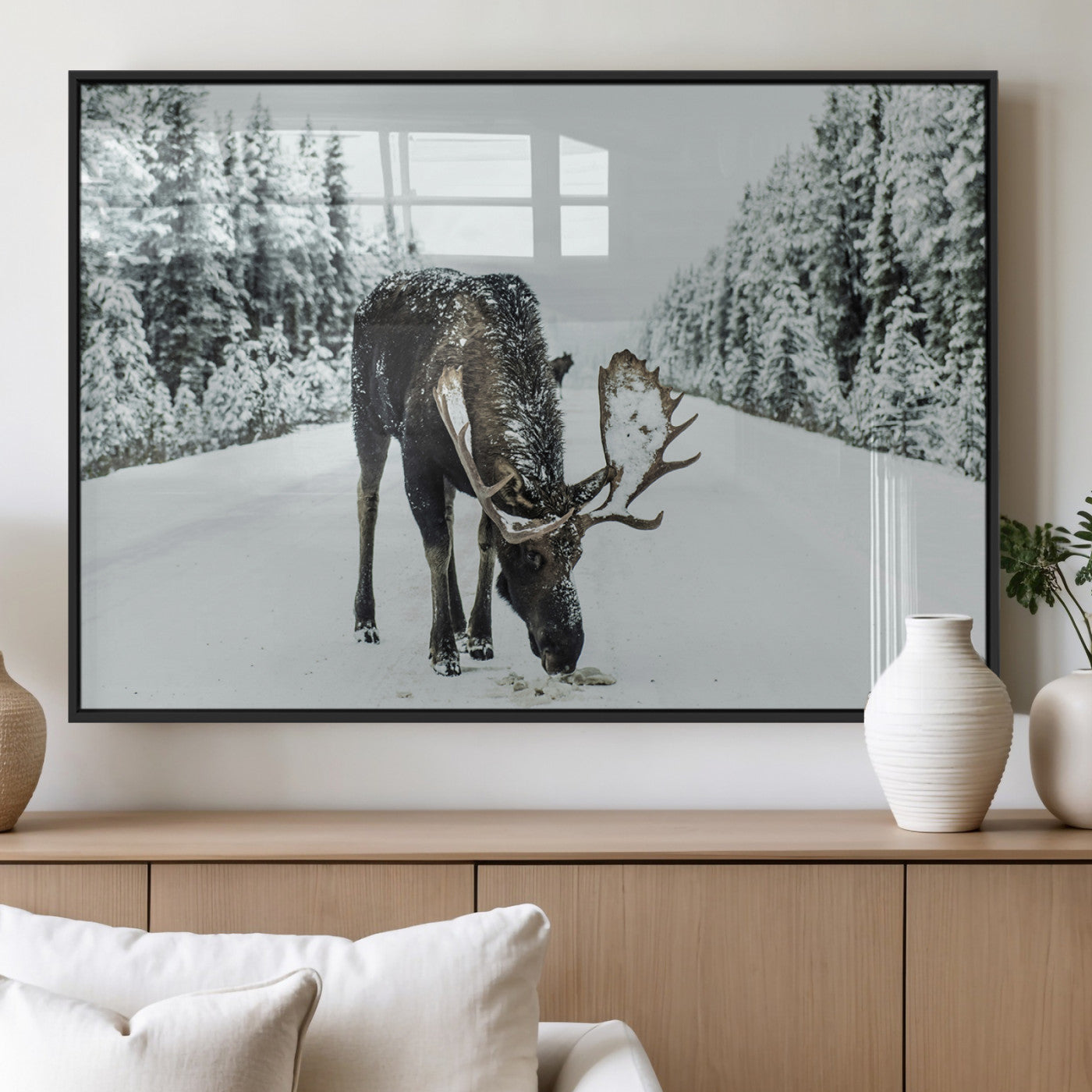 MGV-FP-60X30-3P - Moose in Snow Wall Art Canvas Print, Framed Winter Wildlife Art Picture Print, Snowy Forest Scene Perfect Rustic Lodge Decor Artwork