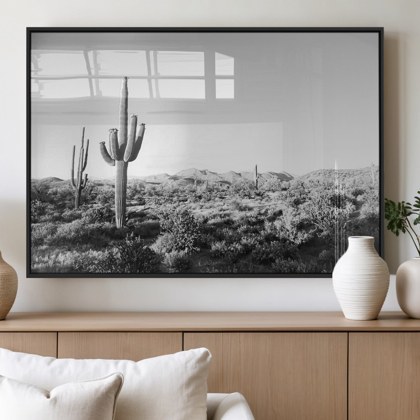 MGV-FP-36X24-3P - Saguaro Cactus Wall Art Canvas Print, Framed Monochrome Landscape Art Picture Print, Scenic Arizona View Perfect Minimalist Western Decor Artwork