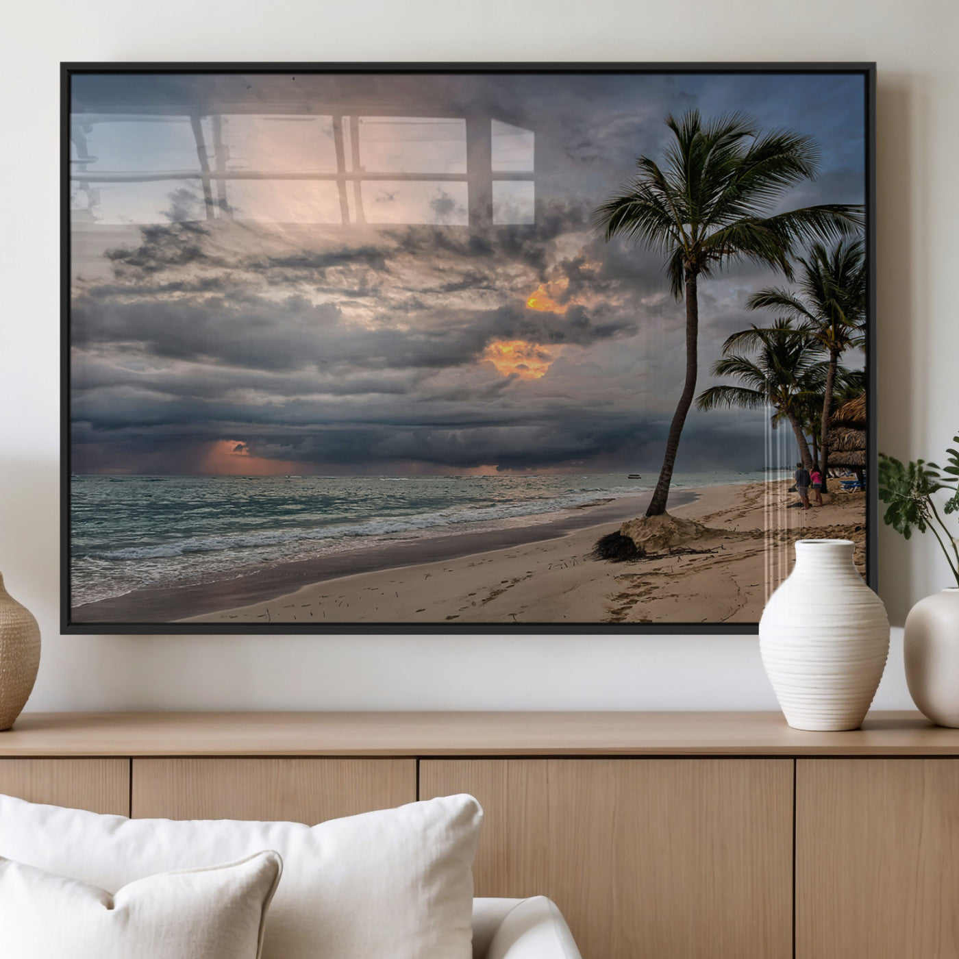 MGV-FP-60X30-3P - Tropical Storm Wall Art Canvas Print, Framed Moody Beach Art Picture Print, Dramatic Sky Perfect Tropical Coastal Decor Artwork