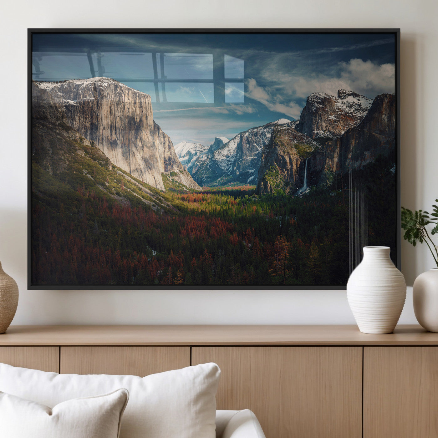 Framed canvas print of Yosemite National Park, featuring El Capitan and a scenic waterfall, ideal for rustic farmhouse or adventure-themed home decor.