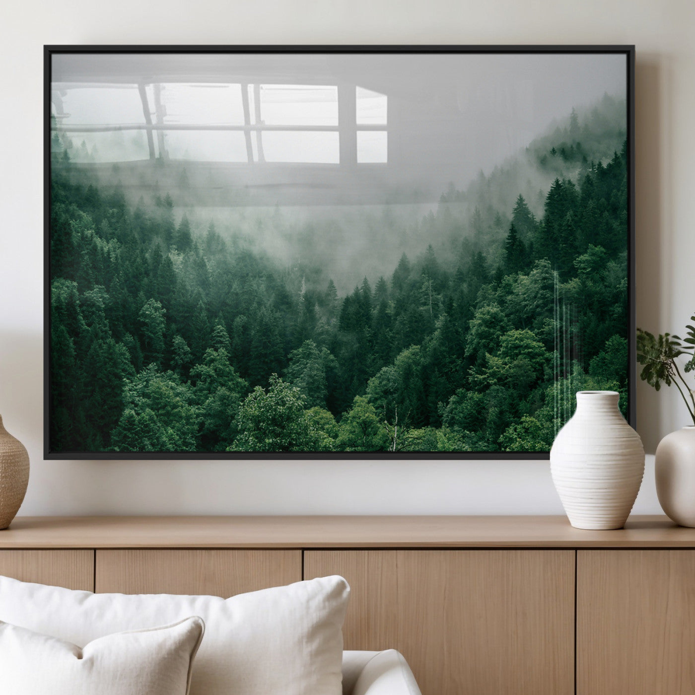 MGV-FP-60X30-3P - Misty Green Forest Canvas Print – Serene Foggy Pine Landscape Wall Art, Tranquil Nature Decor for