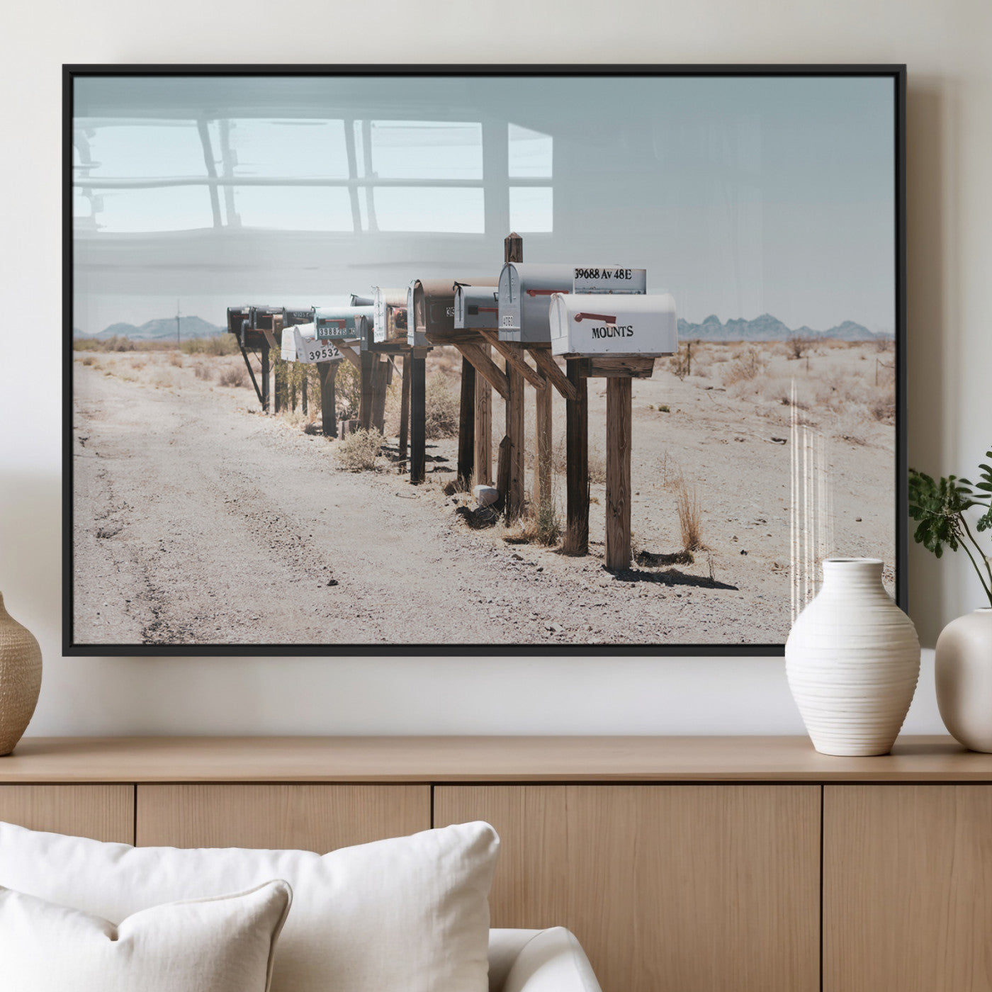 MGV-FP-36X24-3P - Desert Mailboxes Canvas Print – Minimal Western Landscape Photography, Rustic Americana Wall Art for