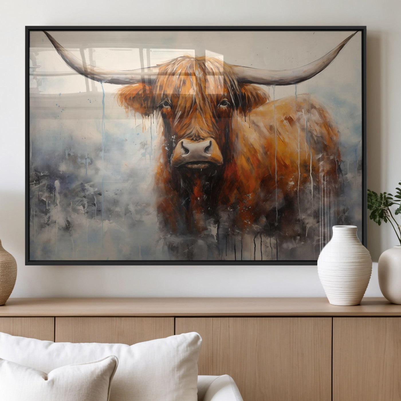 MGV-FP-60X30-3P - Scottish Highland Wall Art Canvas Print, Framed Longhorn Art Picture Print, Western Cow Perfect Farmhouse Decor Artwork