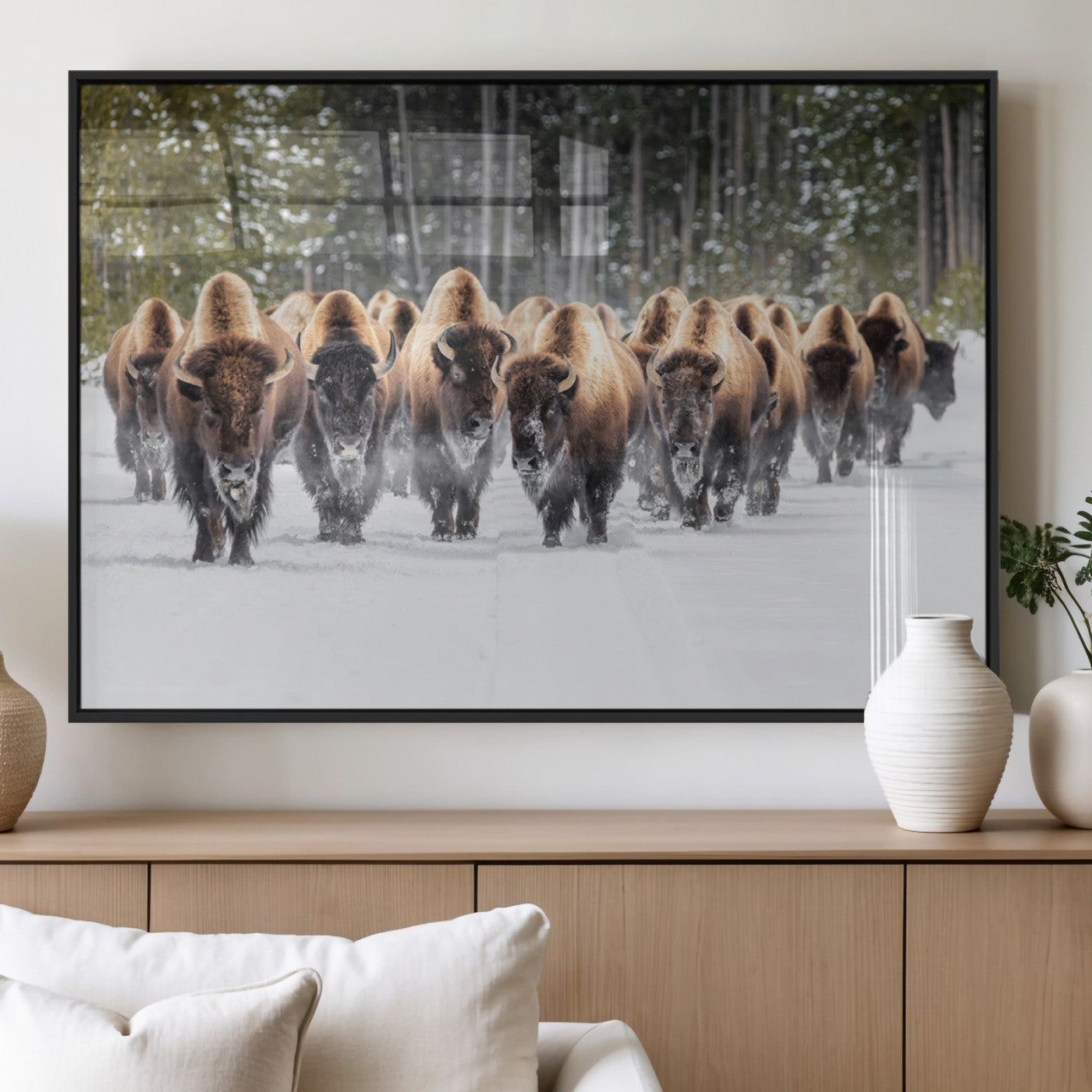 American Bison Herd in Snow Wall Art Canvas Print – Powerful Winter Wildlife Scene with Buffalo in Motion, Perfect for Rustic Lodge or Western Cabin Decor