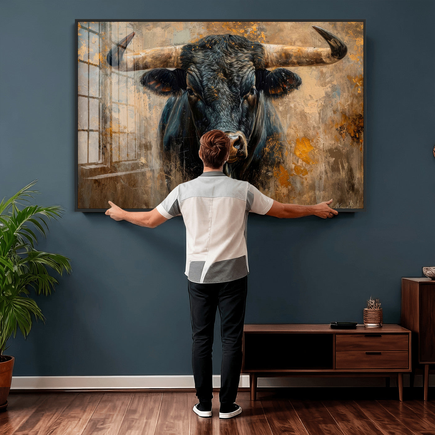91615410-MGV-CV-36X24 - Abstract Texas Longhorn Bull Wall Art – Rustic Farmhouse Canvas Print, Western Cabin Style Decor, Large Animal Artwork for Living Room or Office