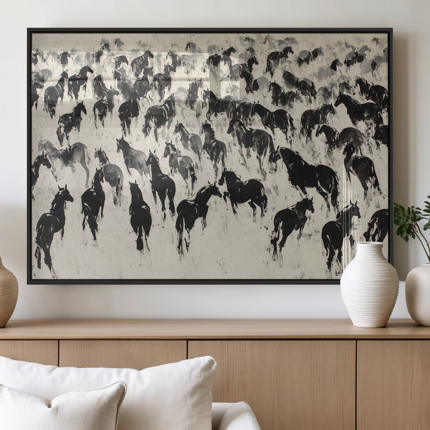 MGV-FP-36X24-3P - Wild Horse Stampede Wall Art Canvas Print – Monochrome Ink Brush Painting of Running Horses, Perfect