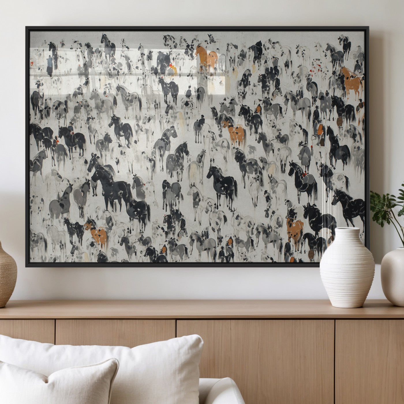MGV-FP-60X30-3P - Wild Horse Stampede Wall Art Canvas Print – Monochrome Ink Brush Painting of Running Horses, Perfect