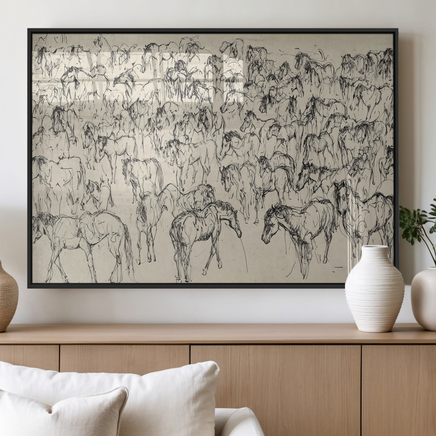 MGV-FP-36X24-3P - Wild Horse Stampede Wall Art Canvas Print – Monochrome Ink Brush Painting of Running Horses, Perfect