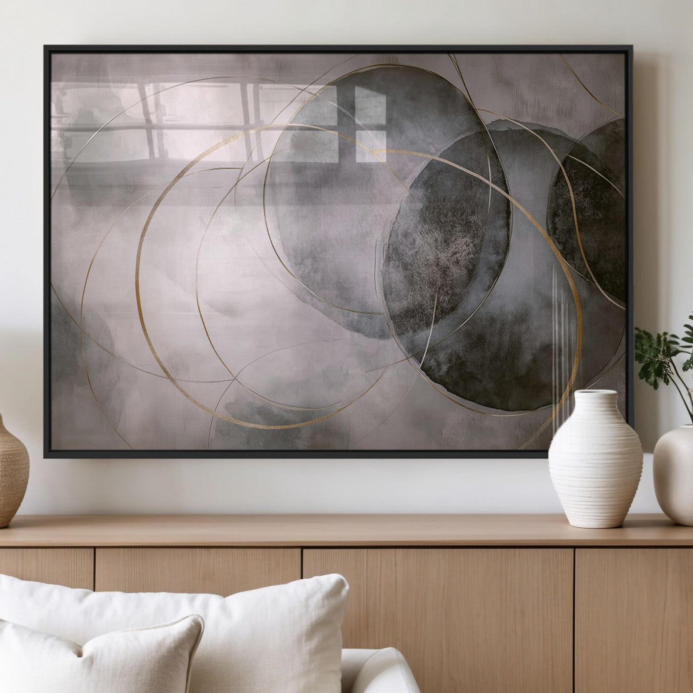 MGV-FP-36X24-3P - Wall Art Canvas Print Abstract Gray Black Gold Circles Soft Texture Modern Minimalist Artistic Home Decor Contemporary Elegant Stylish Unique