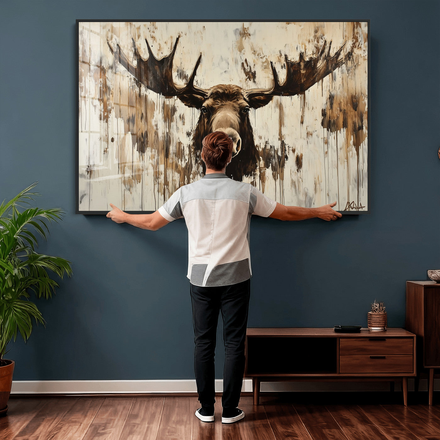 34496536-MGV-CV-36X24 - Powerful Moose Portrait Wall Art – Rich Earthy Tones, Expressive Brushstrokes, Striking Gaze, Raw Nature Vibes Decor for Home or Office
