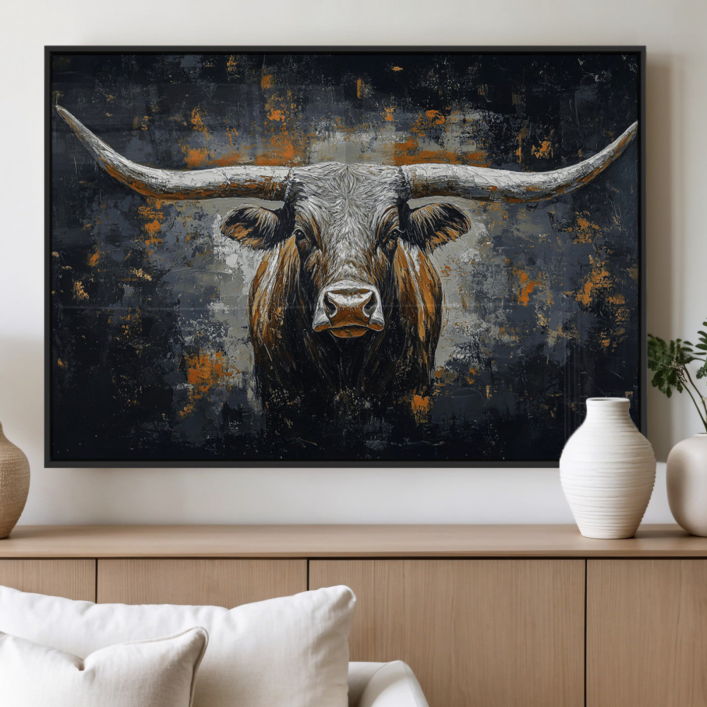 93195031-MGV-CV-36X24-Rustic Longhorn Bull Wall Art Canvas Print – Vintage Western Cattle Painting, Texas Steer Artwork for Ranch, Farmhouse or Cowboy Decor