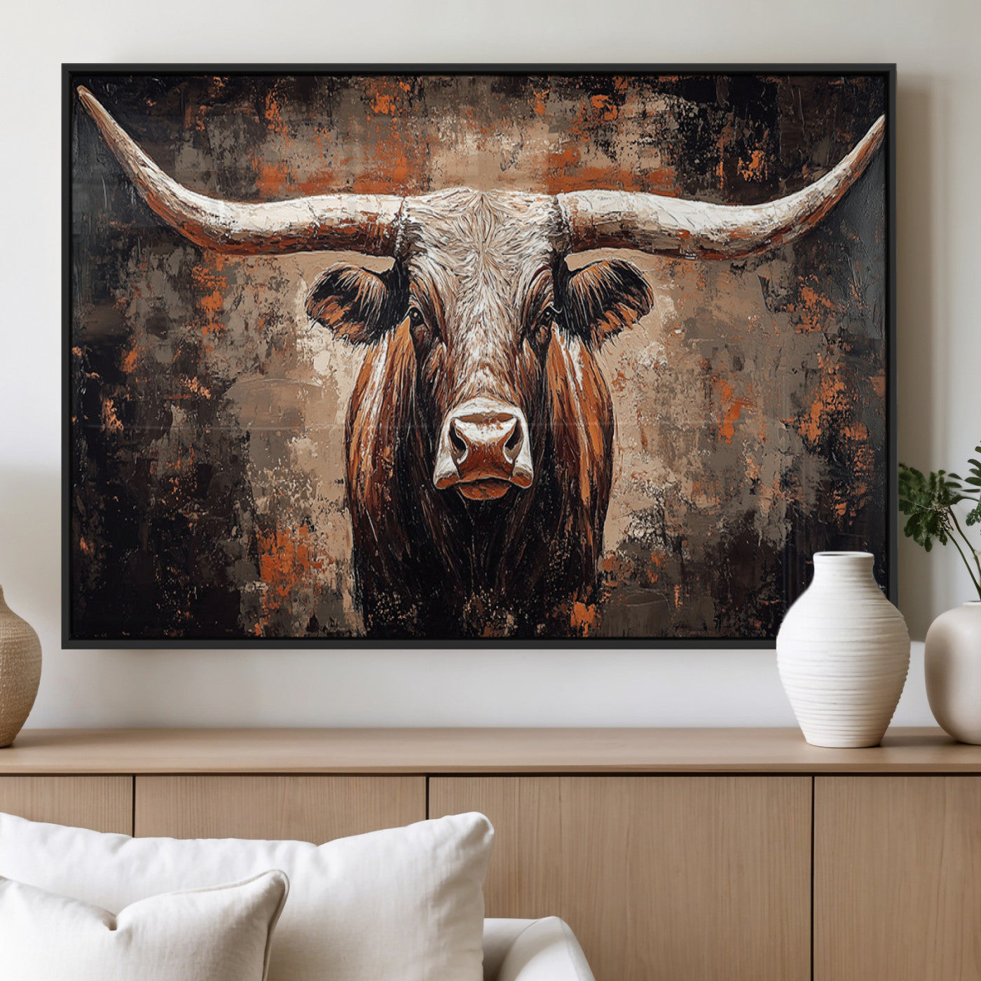 42732393-MGV-CV-36X24-Rustic Longhorn Bull Wall Art Canvas Print – Vintage Western Cattle Painting, Texas Steer Artwork for Ranch, Farmhouse or Cowboy Decor