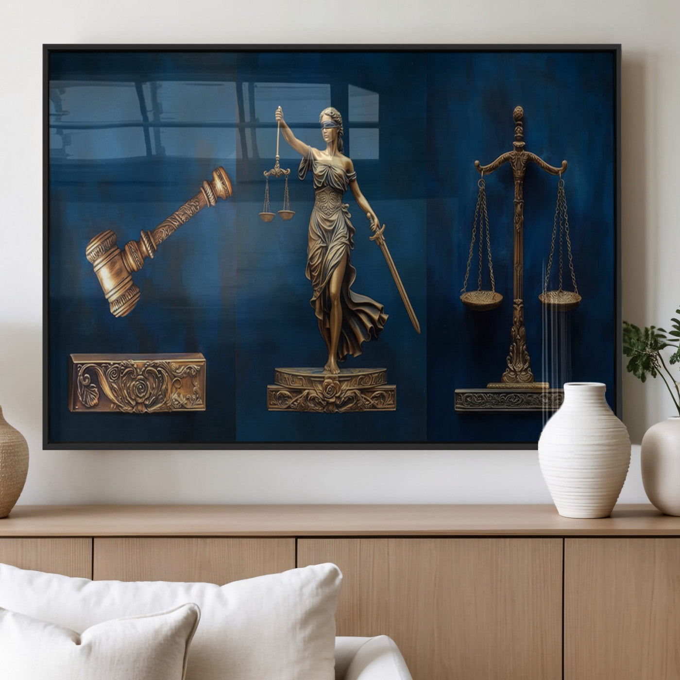 MGV-FP-36X24-3P - Lady Justice Wall Art Canvas Print – Elegant Gold Legal Symbols on Blue Background, Perfect for Law