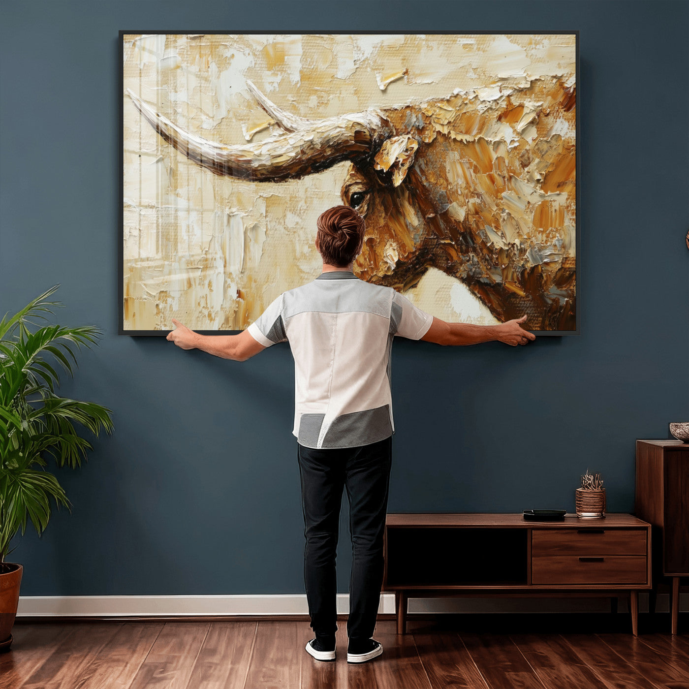 69611428-MGV-CV-36X24 - Rustic Longhorn Bull Wall Art Canvas Print – Vintage Western Cattle Painting, Texas Abstract Wall Cow Prints