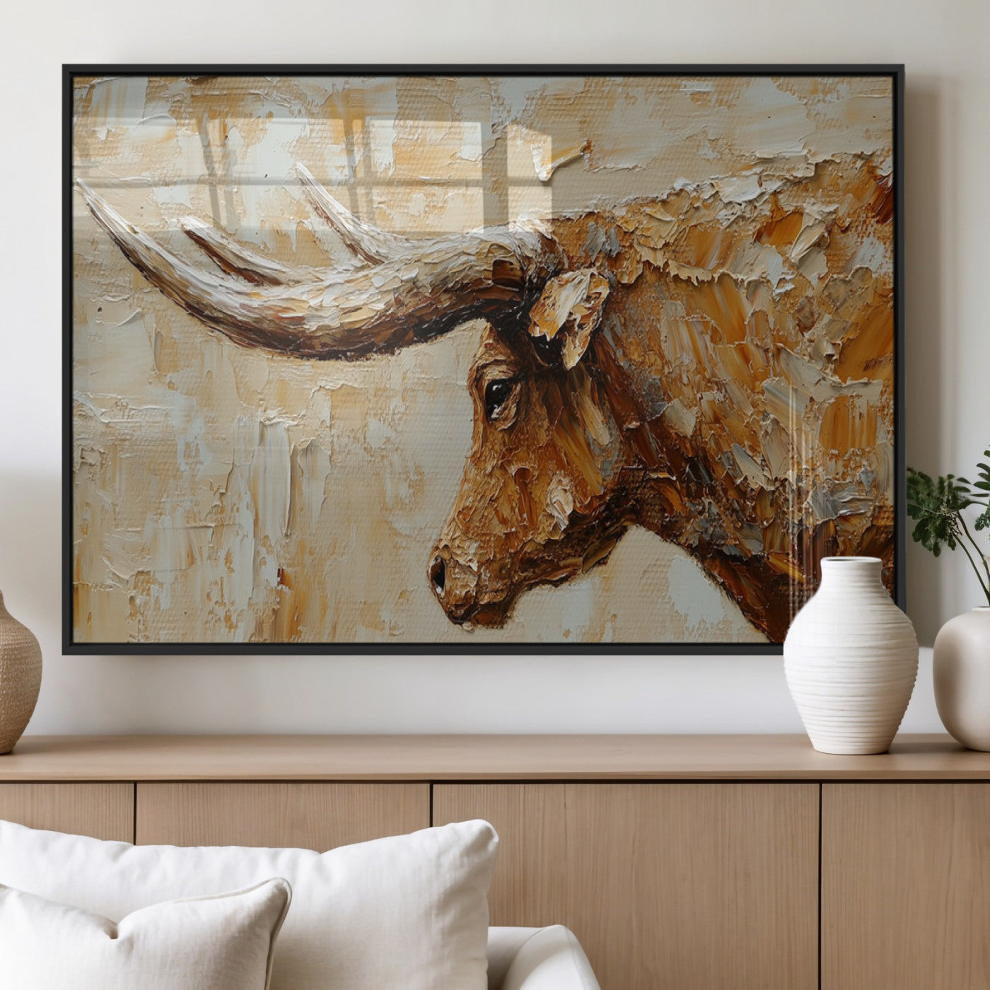 MGV-FP-60X30-3P - Rustic Longhorn Bull Wall Art Canvas Print – Vintage Western Cattle Painting, Texas Steer Artwork