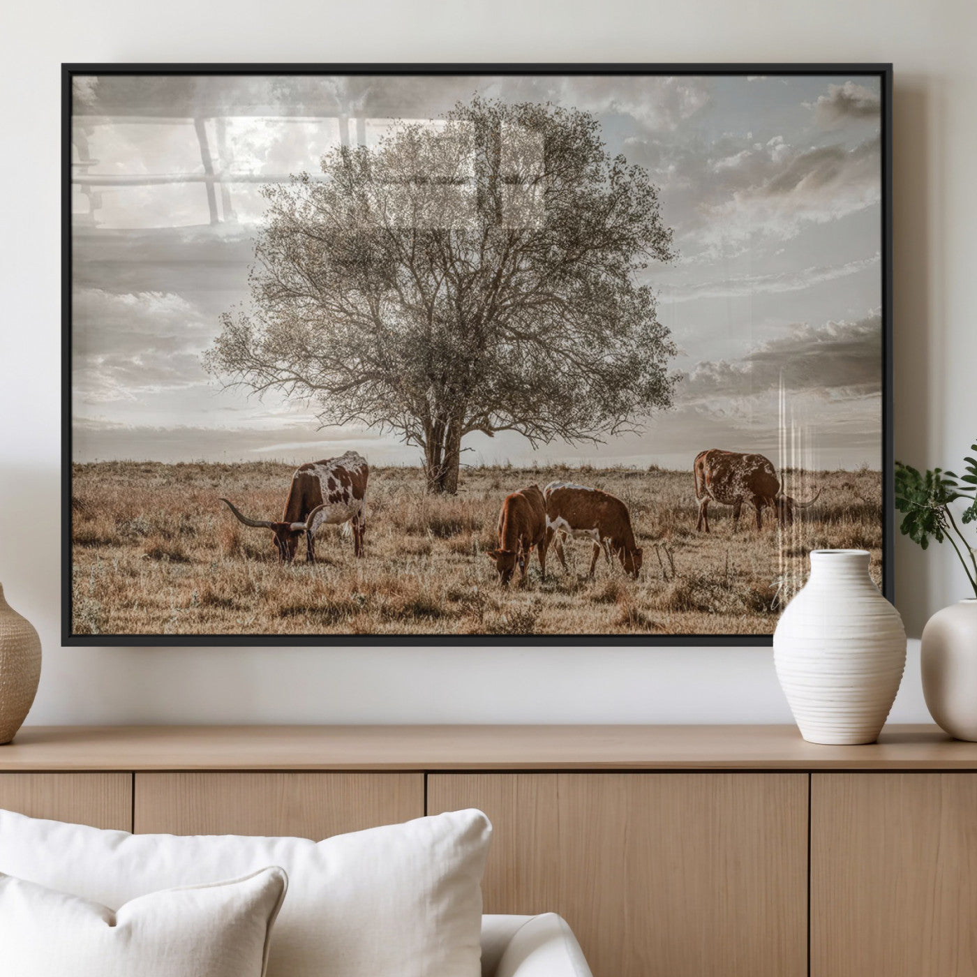 Texas Longhorn Cattle Wall Art Canvas Print – Rustic Western Ranch Scene with Steers at Sunset, Perfect for Farmhouse or Cowboy Decor