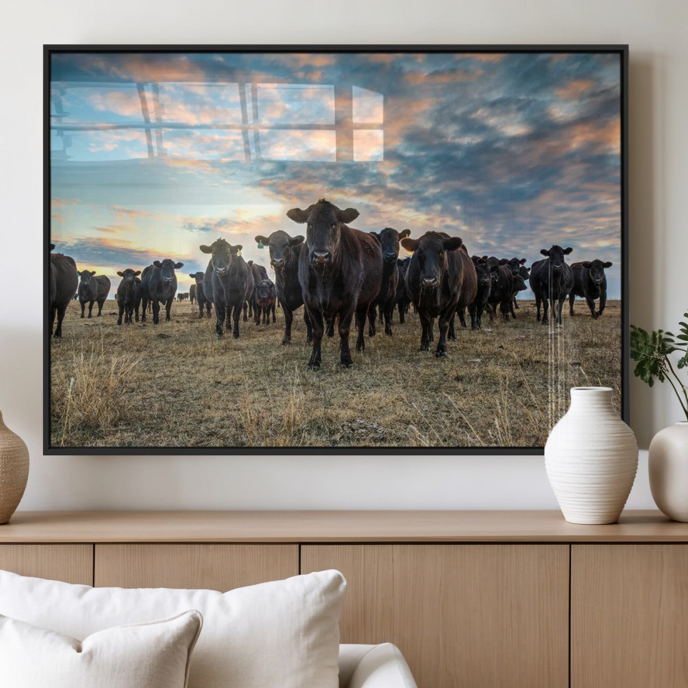 MGV-FP-60X30-3P - Texas Longhorn Cattle Wall Art Canvas Print – Rustic Western Ranch Scene with Steers at Sunset,