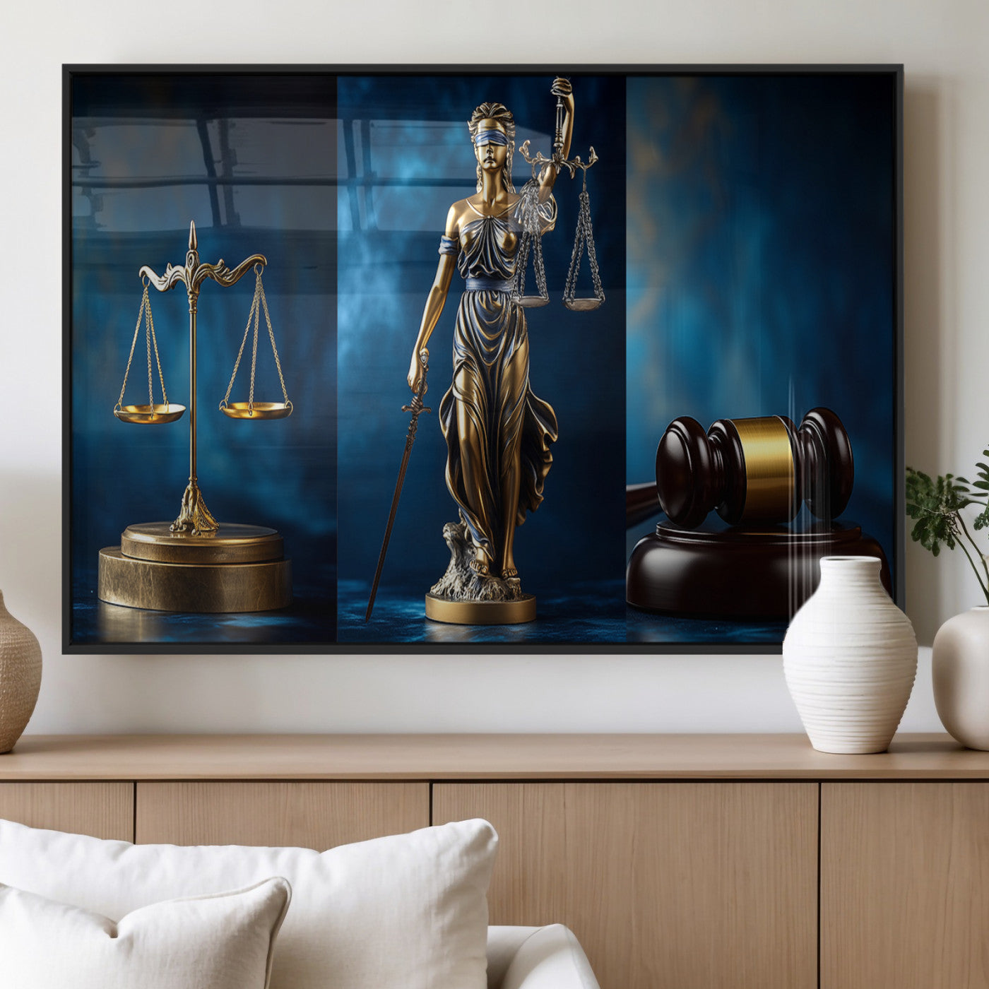 MGV-FP-36X24-3P - Lady Justice Wall Art Canvas Print – Elegant Gold Legal Symbols on Blue Background, Perfect for Law