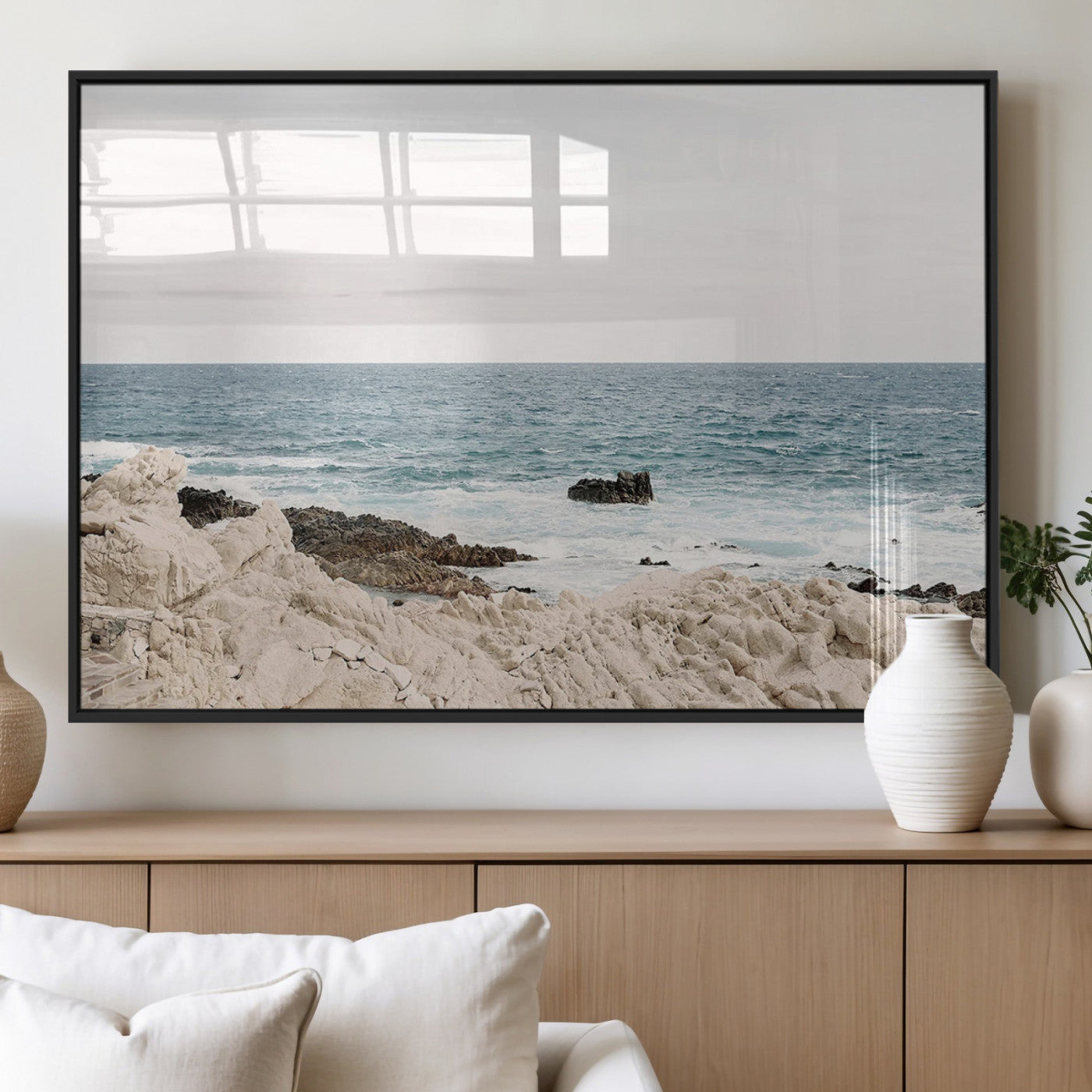 MGV-FP-60X30-3P - Coastal Ocean View Wall Art Canvas Print – Serene Rocky Shoreline and Blue Sea Photography for