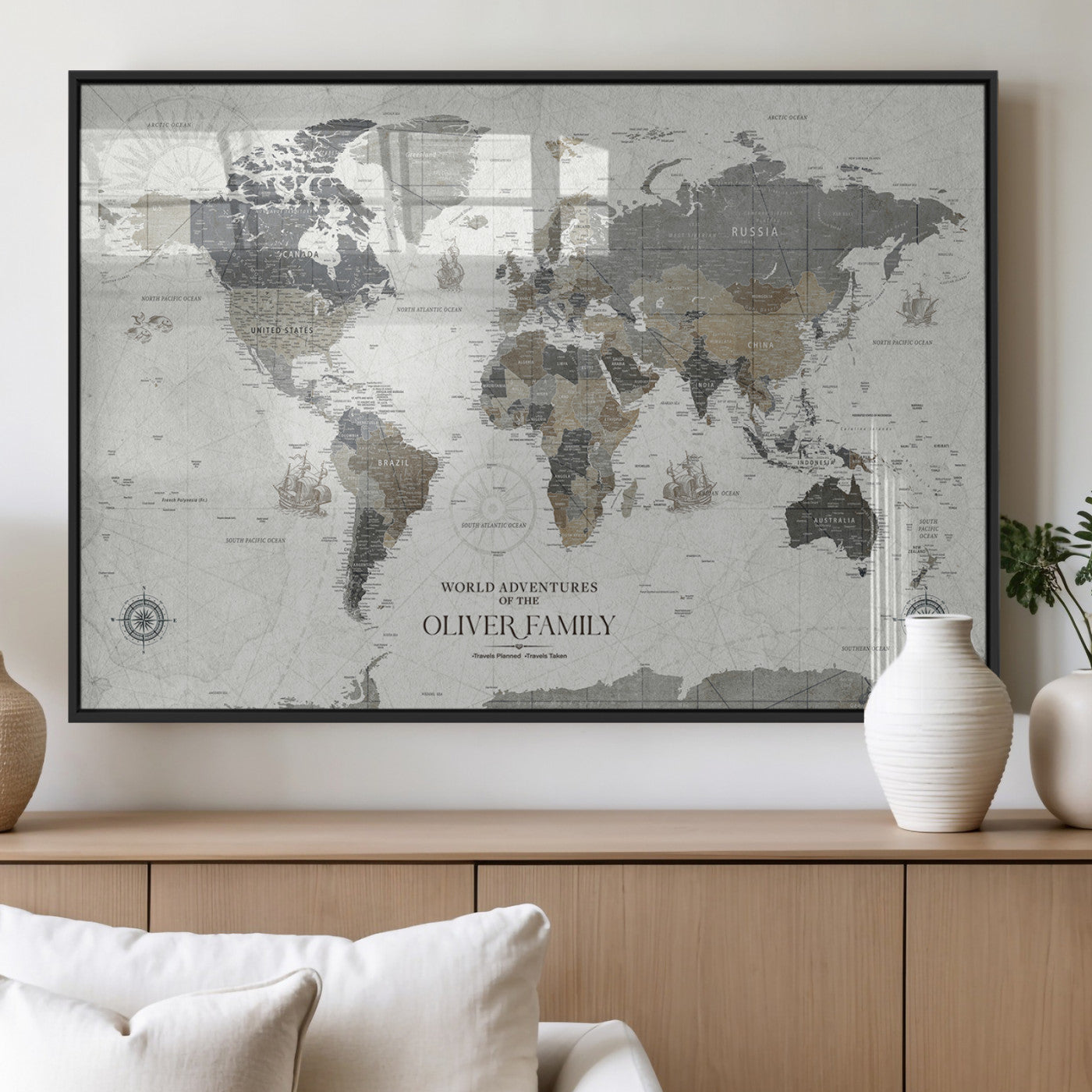 MGV-FP-36X24-3P - Custom Push Pin World Map Wall Canvas Print – Personalized Travel Tracker with Pins – Framed Large Multi-Size Canvas for Home Office Decor