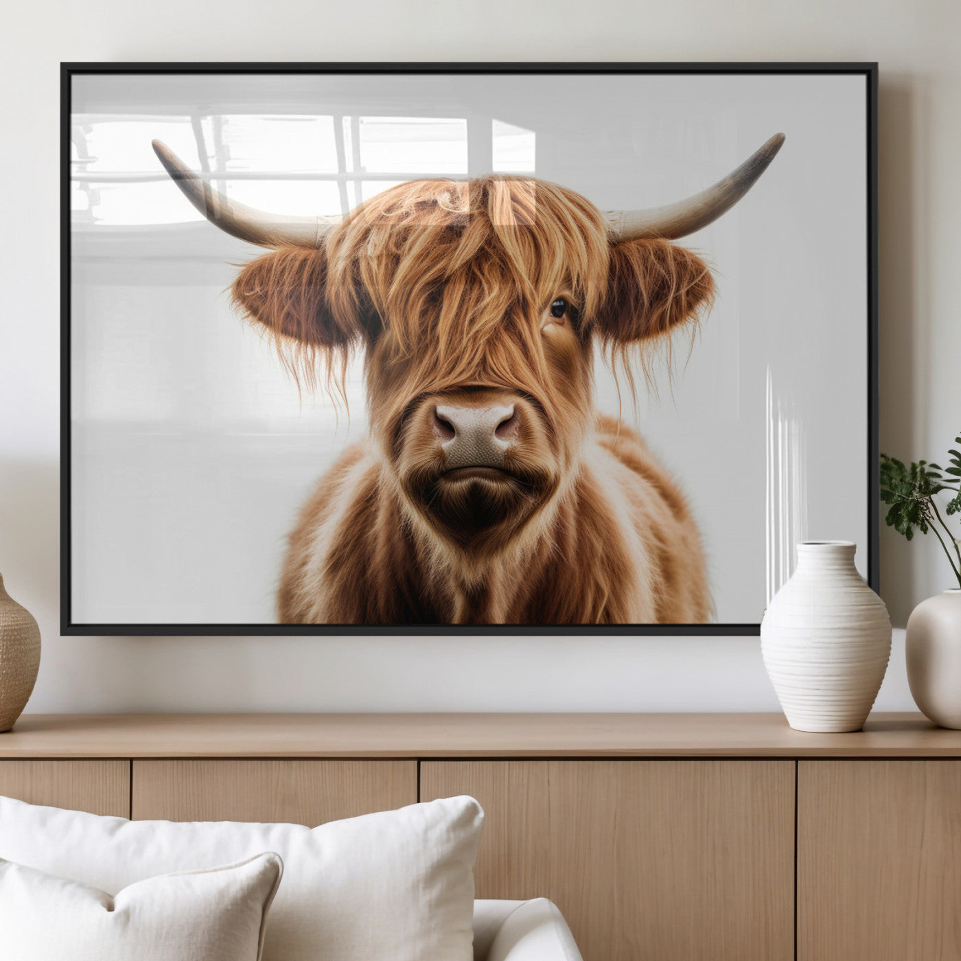 637908607-MGC-FP-36x24_White-Scottish Highland Cow Canvas Print, Framed Highland Cow Canvas Home Decor