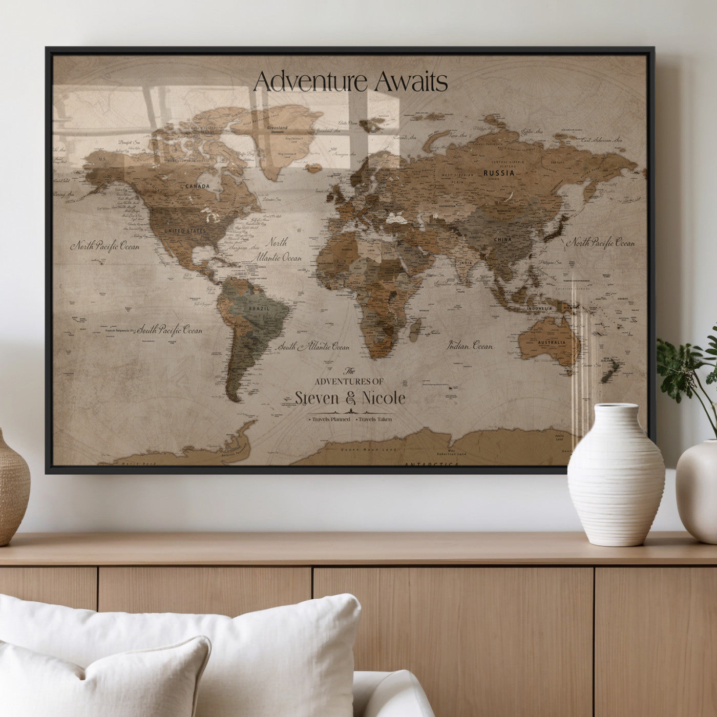 MGV-FP-36X24-3P - Custom Push Pin World Map Wall Canvas Print – Personalized Travel Tracker with Pins – Framed Custom Quotie Canvas for Home Office Decor