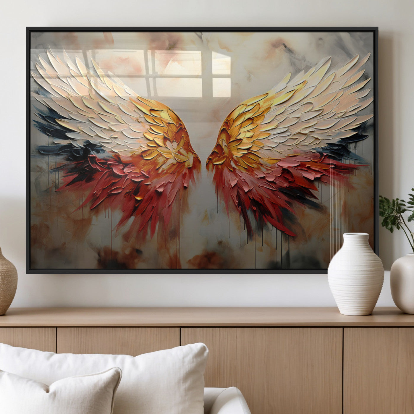 A stunning 3D-style painting of angel wings with vibrant gold, red, and black hues, creating a dramatic and striking visual effect.
