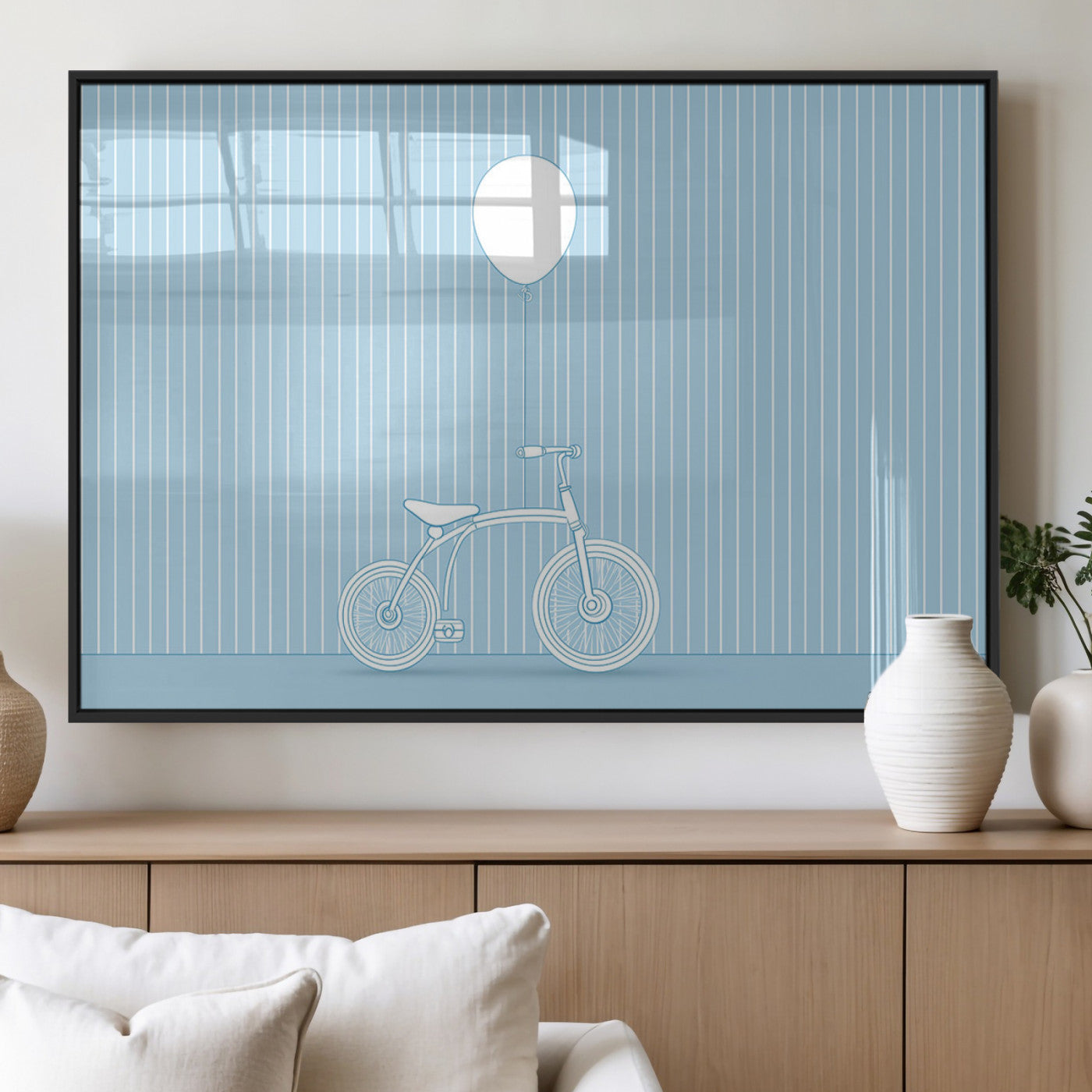 A minimalistic blue line drawing of a bicycle with a balloon floating above it, set against a soft striped background.