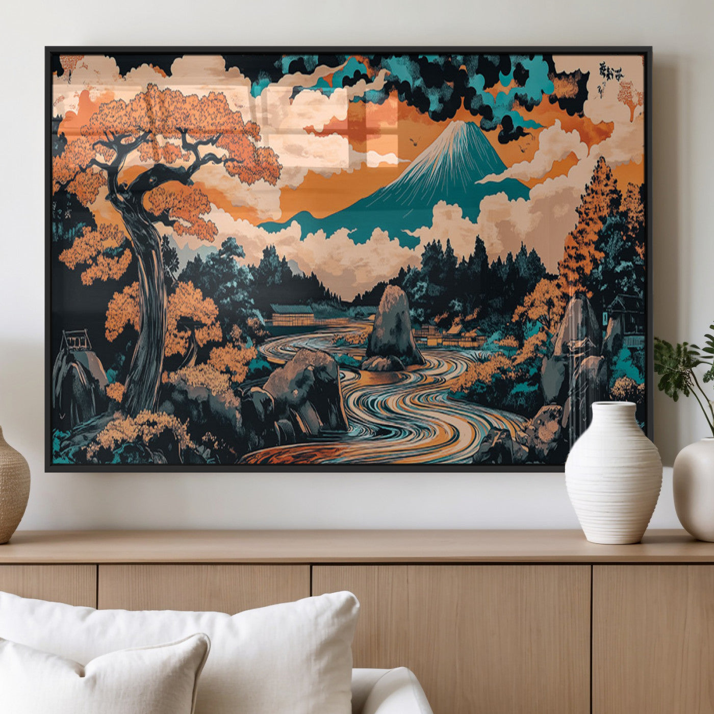 A vibrant Japanese-inspired landscape featuring Mount Fuji, a winding river, and autumn-colored trees under a dramatic sky, in bold and vivid hues.