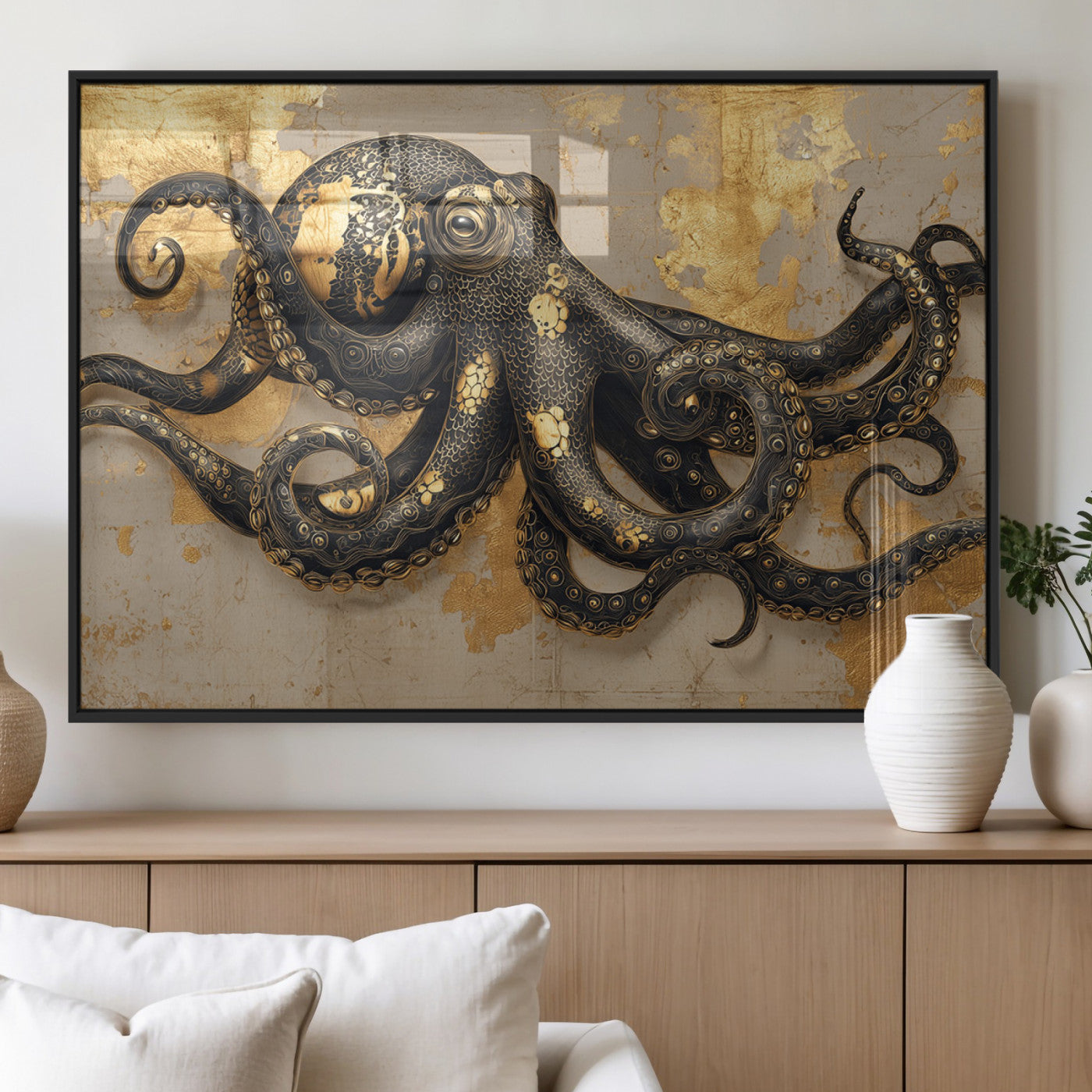A stunning golden and black illustration of an octopus on a textured background with gold leaf accents, highlighting its intricate tentacles and unique design.