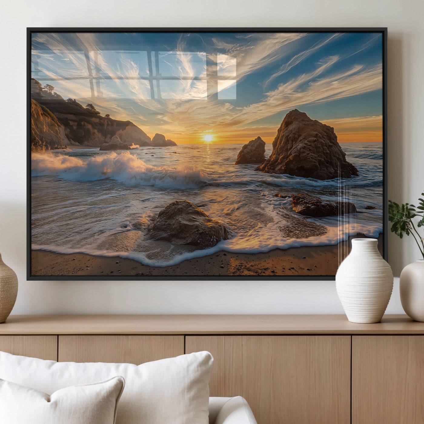 Rocky Ocean Sunset Wall Art Print, Seaside Canvas Wall Art, Dramatic Seascape Canvas Print for Coastal Modern Decor, Ocean Sunset Art Printing