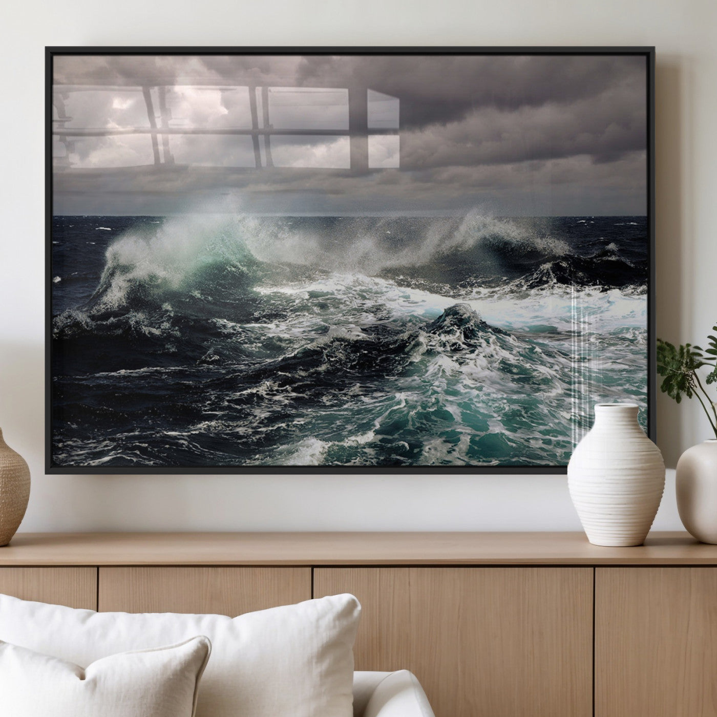 Powerful ocean waves crashing under stormy skies, creating a dynamic and intense seascape.