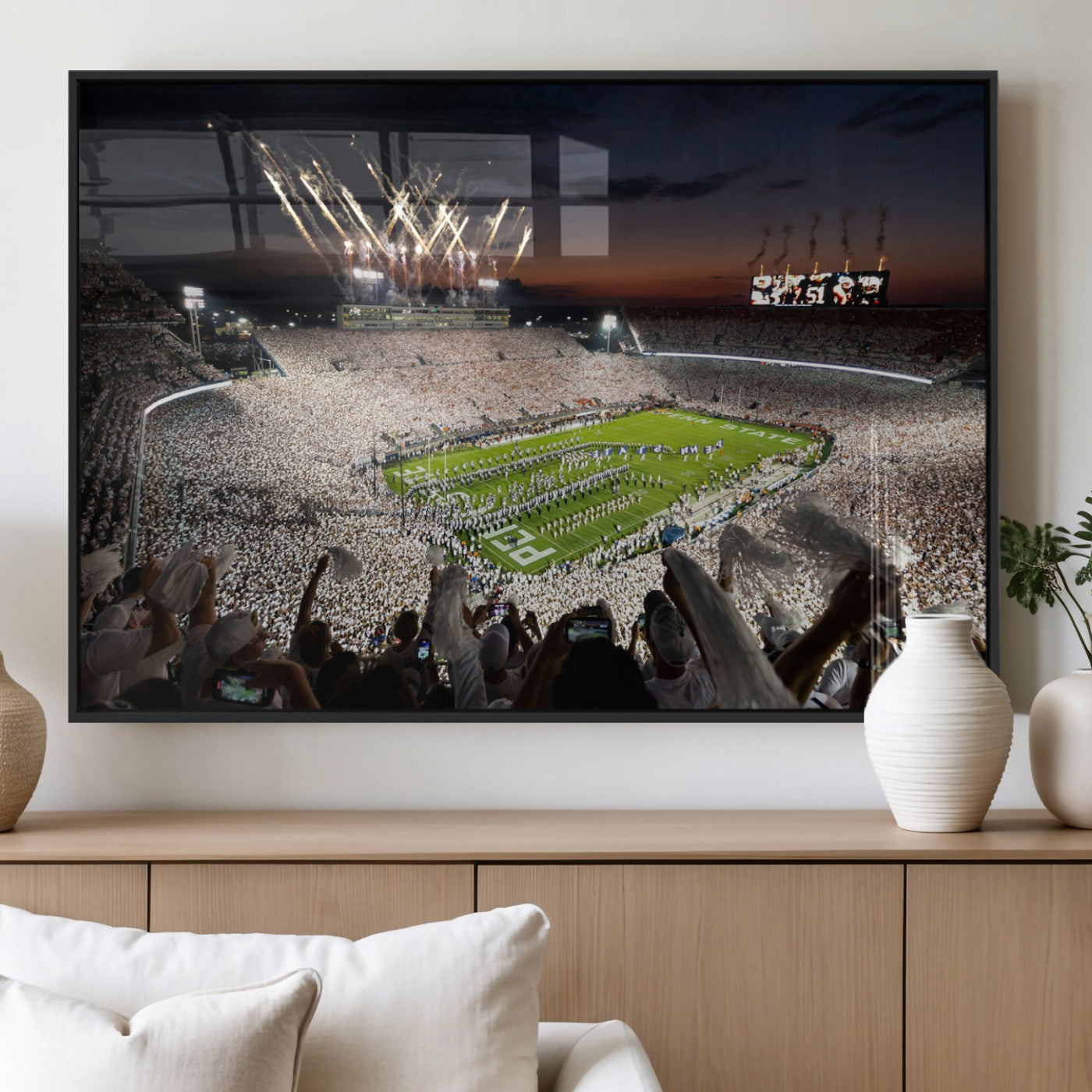 Penn State Stadium Wall Art Print, White Out Football Game Canvas Wall Art, Framed Sports Stadium, Large College Football Canvas Print for Game Room - Man Cave + 555