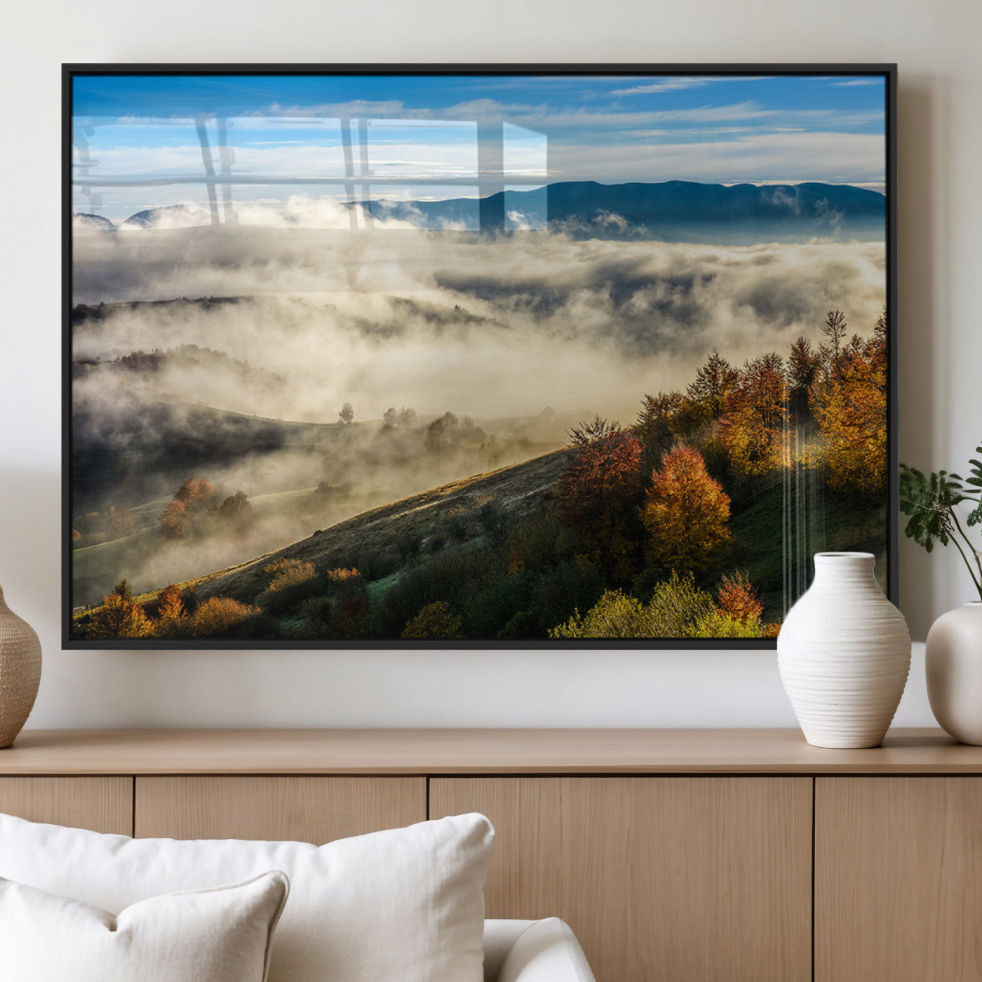 21551192-MGV-CV-60X30-3P_Black-Misty Autumn Hills Canvas Wall Art, Foggy Forest Landscape, Fall Foliage Beauty, Serene Mountain View, Cozy Home Decor, Office Tranquility, Nature Calm Print