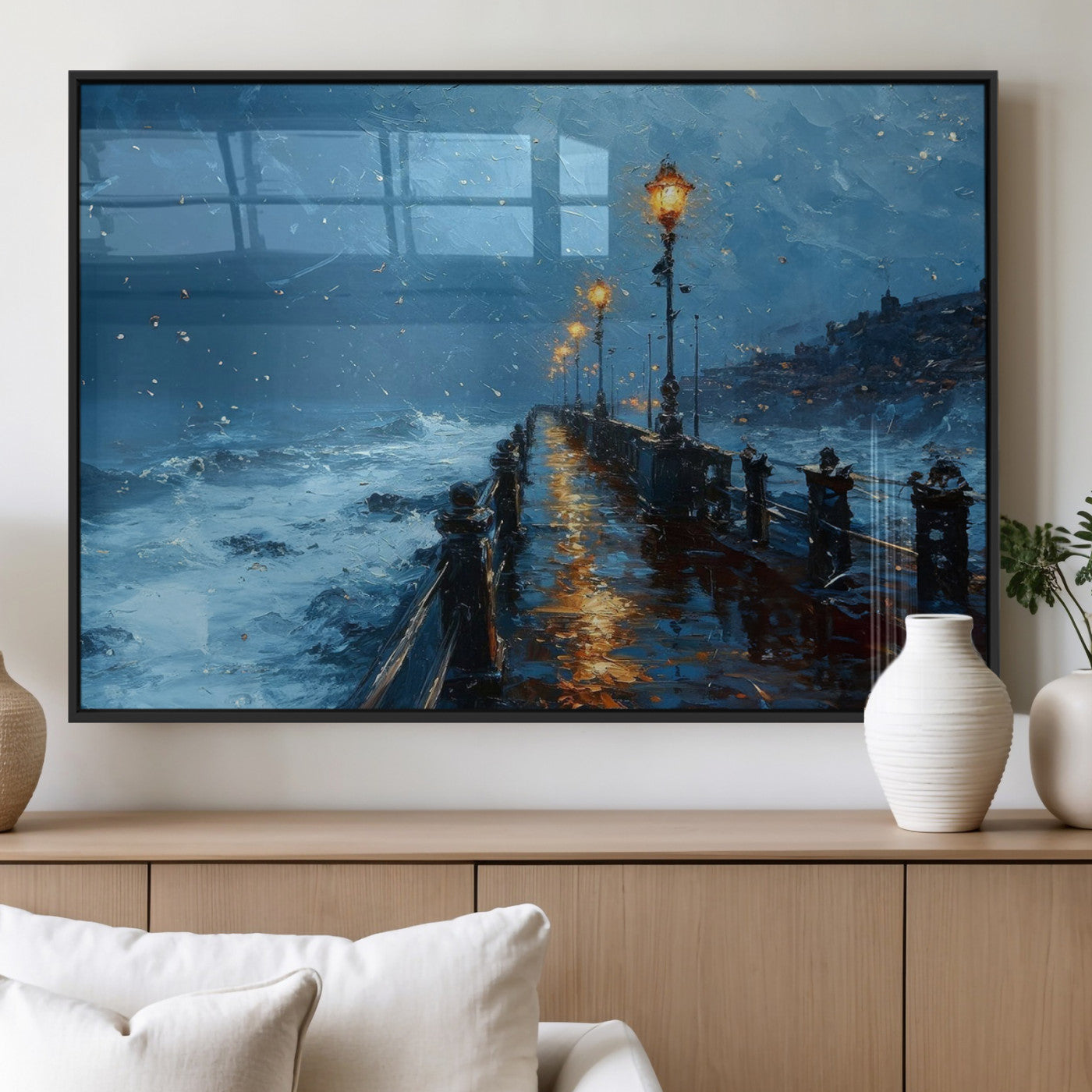 "Impressionistic painting of a stormy pier with street lamps glowing, waves crashing, and a misty ocean under a blue sky."