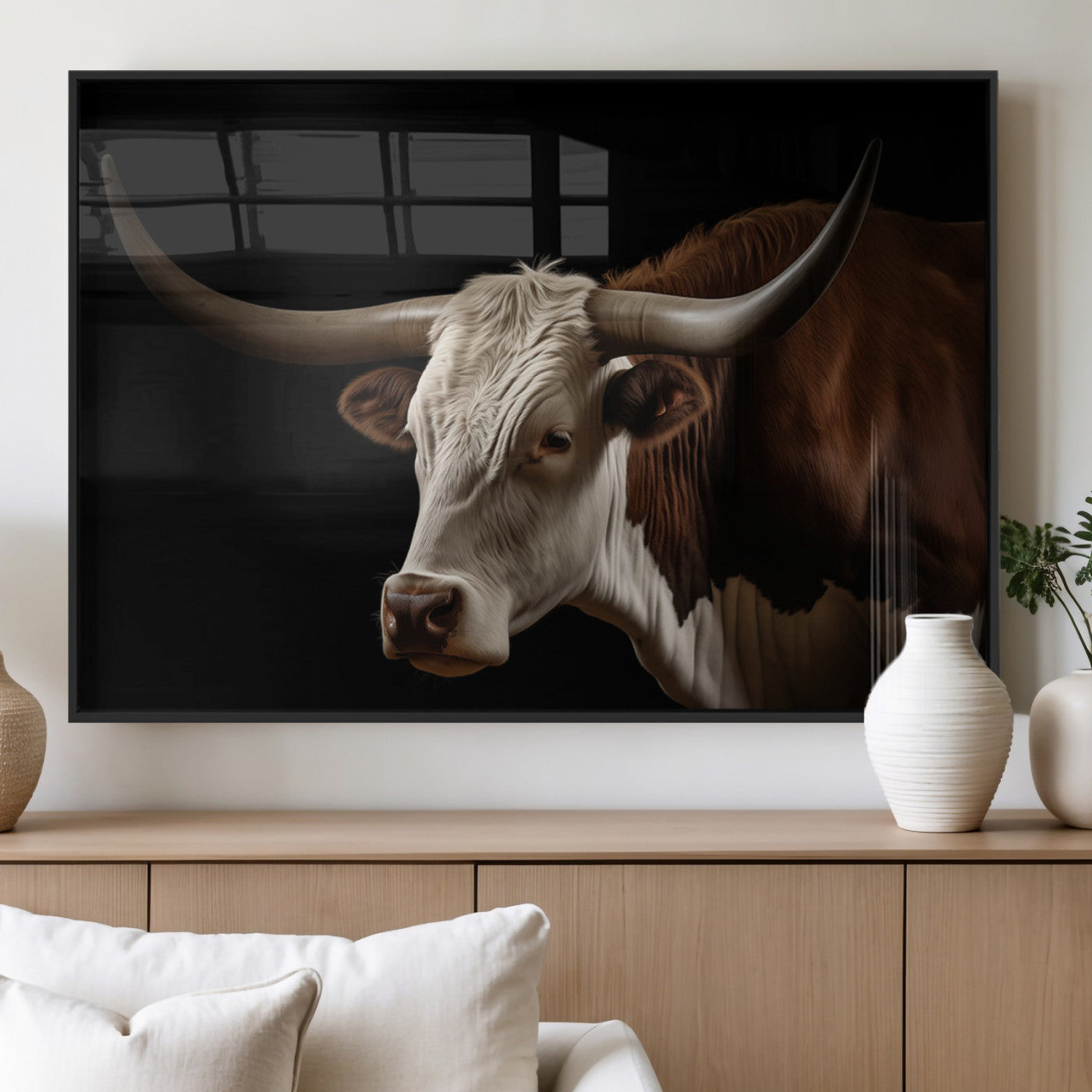 "Close-up of a brown and white longhorn cow with prominent curved horns against a black background."