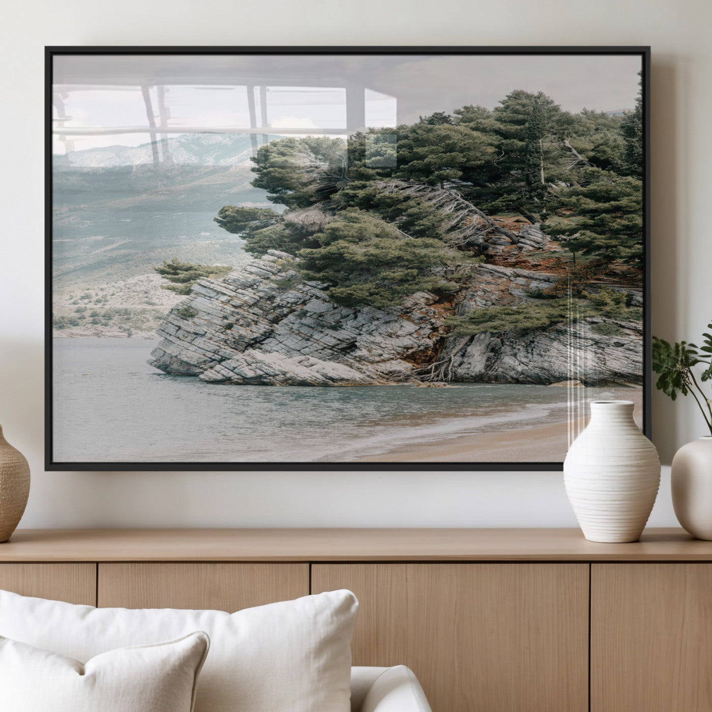 MGV-FP-36X24-3P - Coastal Rock Canvas Wall Art Print, Scenic Beach Landscape, Pine Trees on Rocky Cliff, Large Nature