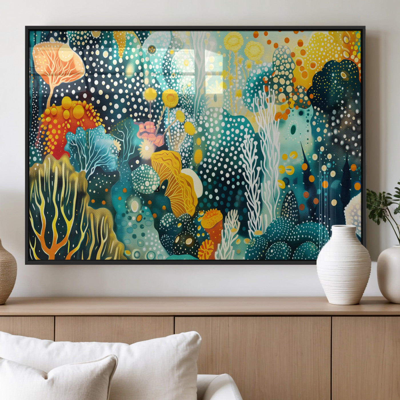 Abstract underwater coral reef illustration with vibrant colors, dotted textures, and stylized marine flora – Wall Art Canvas Print.