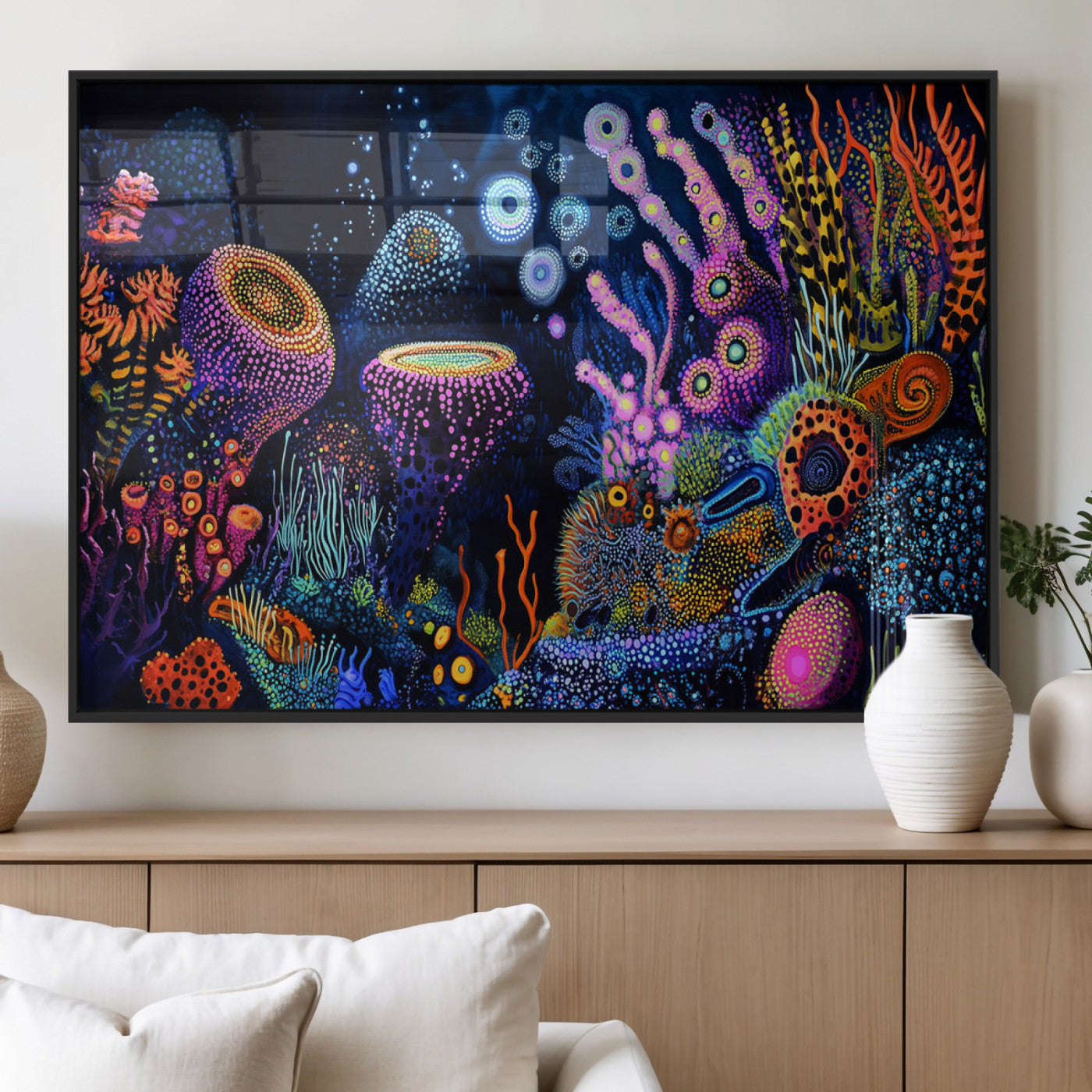 Vibrant and colorful abstract underwater coral reef artwork with diverse shapes and glowing patterns – Wall Art Canvas Print.