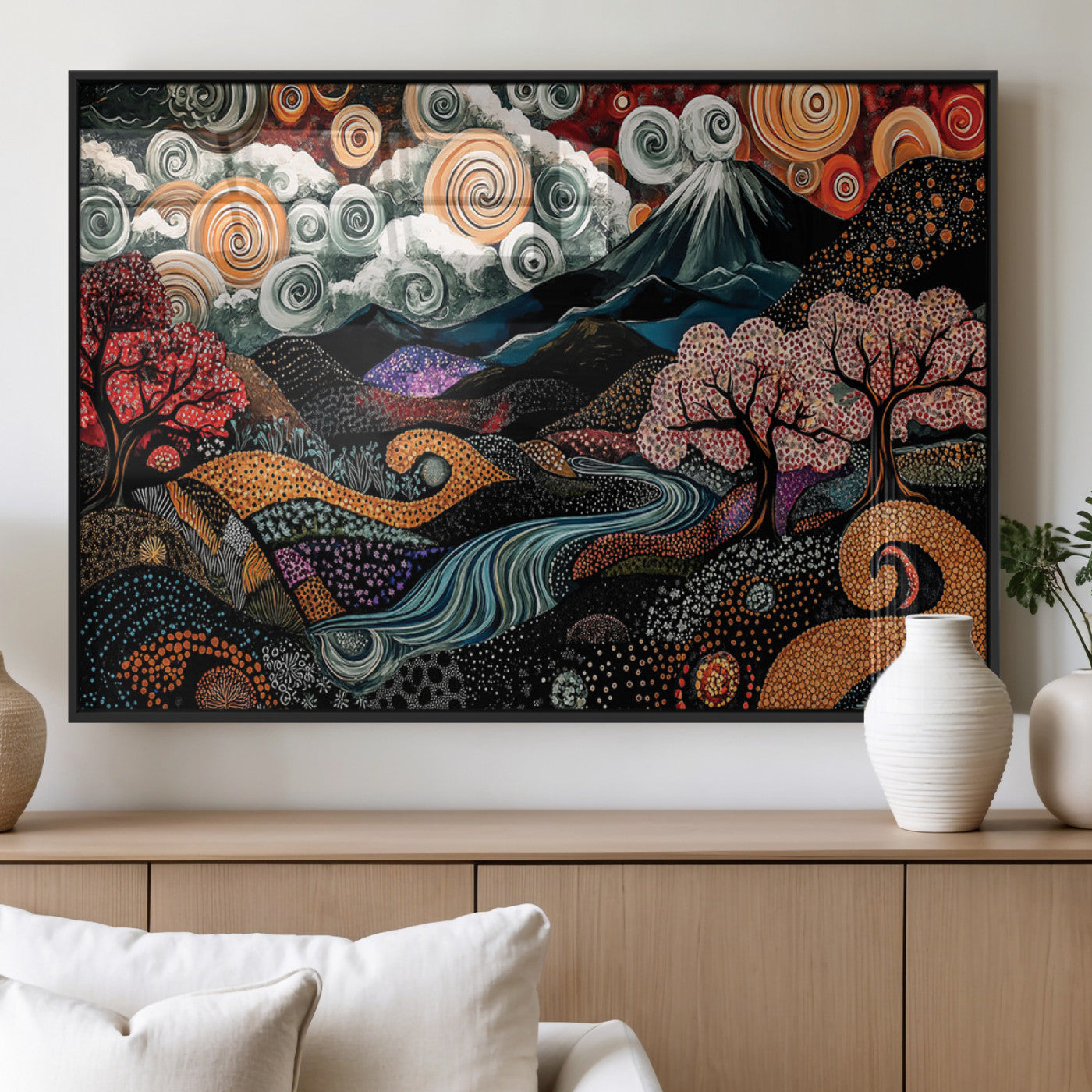 Vibrant abstract landscape painting featuring swirling clouds, colorful trees, flowing river, and textured hills under a mountain – Wall Art Canvas Print.