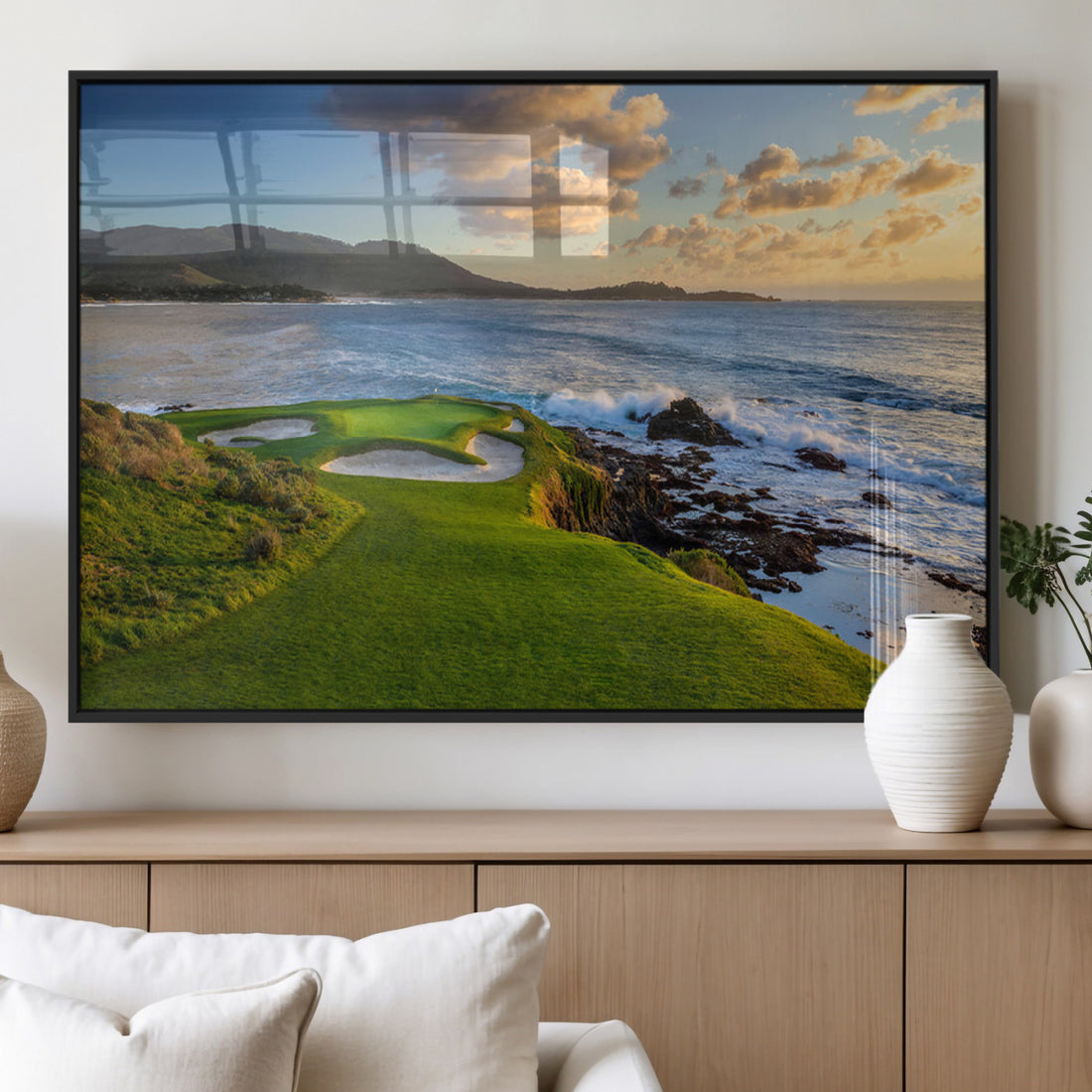 Coastal Golf Course Wall Art Canvas Print, Sunset with Rolling Green Fairways and Ocean Waves