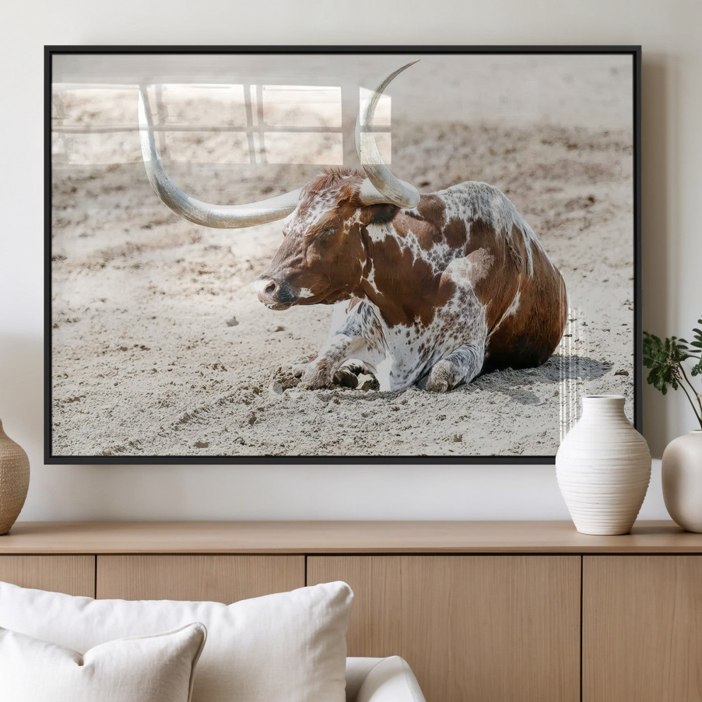 MGV-FP-60X30-3P - Majestic Longhorn Resting on Sunlit Desert Ground – Striking Western-Themed Wall Art Canvas Print