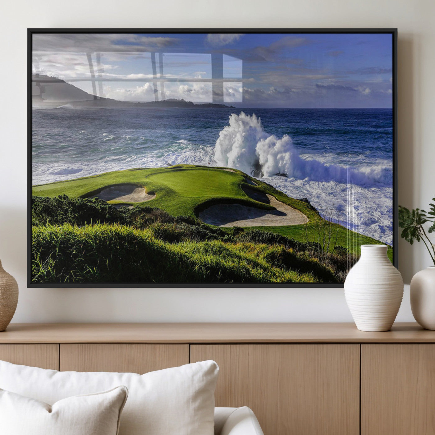 MGV-FP-60X30-3P - Dramatic Ocean Waves Crashing Against Rocky Coastline Near a Green Golf Course – Stunning Wall Art