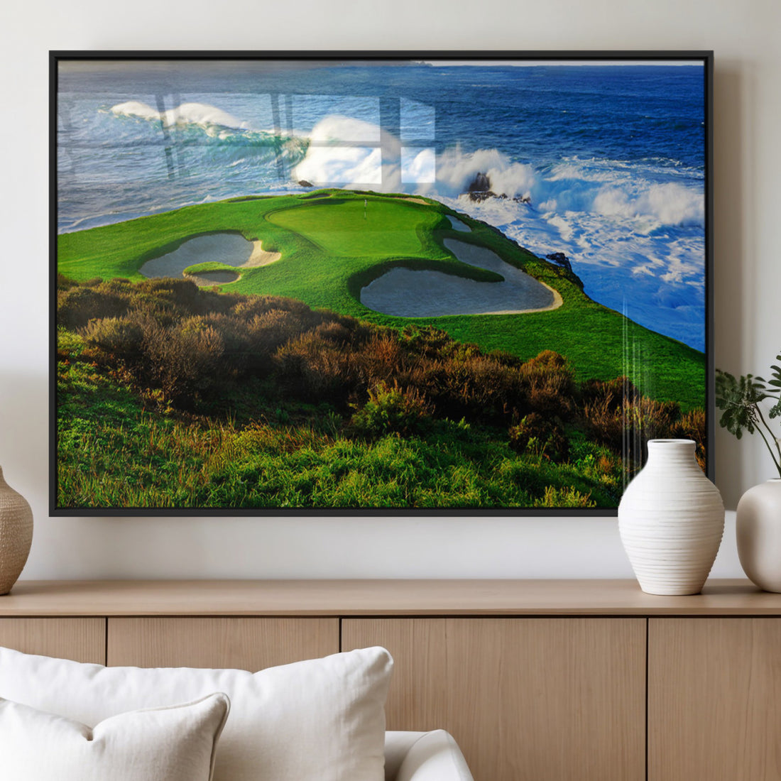 Coastal Golf Course Wall Art Canvas Print, Vibrant Green with Sand Bunkers and Ocean Waves