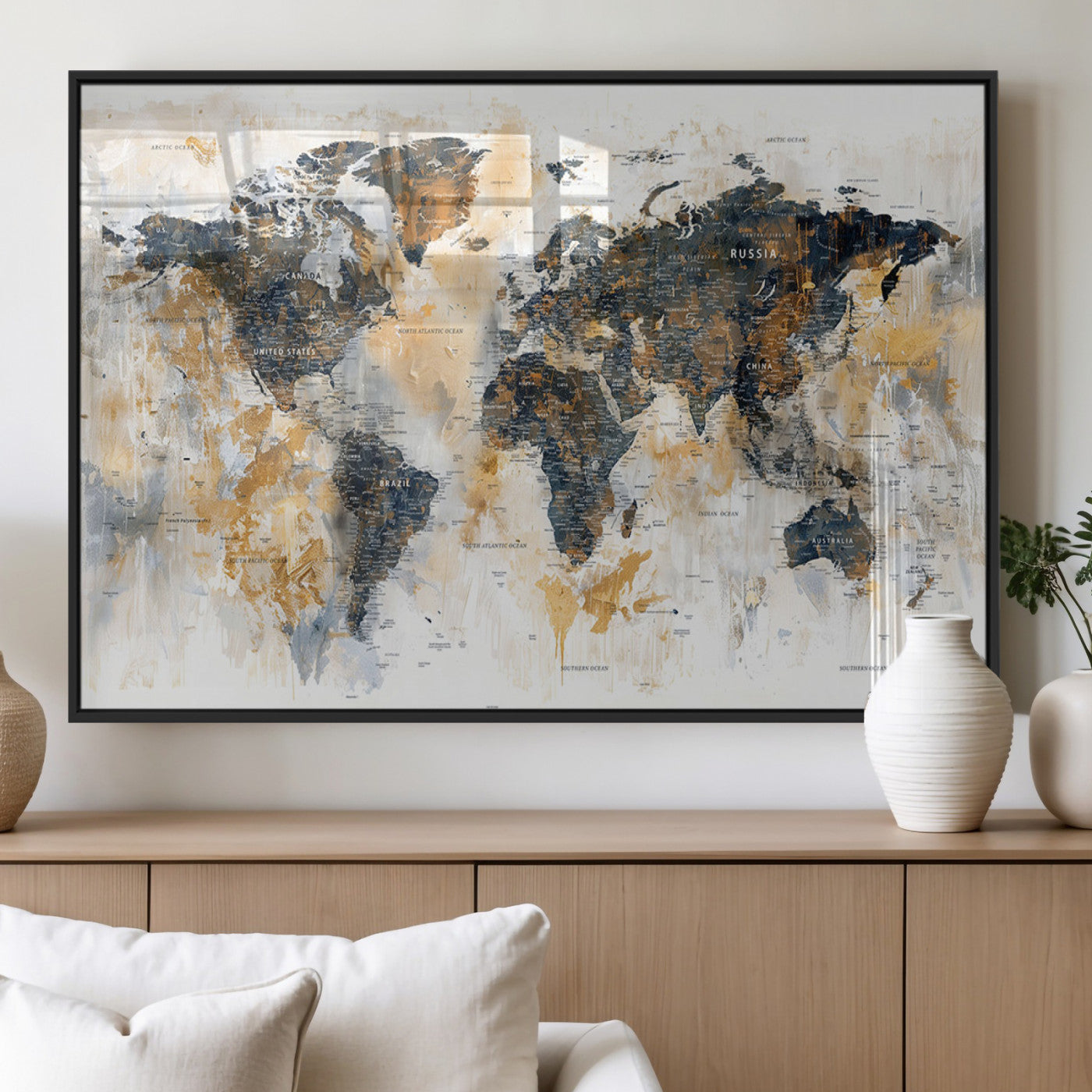 Artistic world map with textured brush strokes in shades of gold, navy blue, and white, showing continents and countries with an abstract, painterly effect.