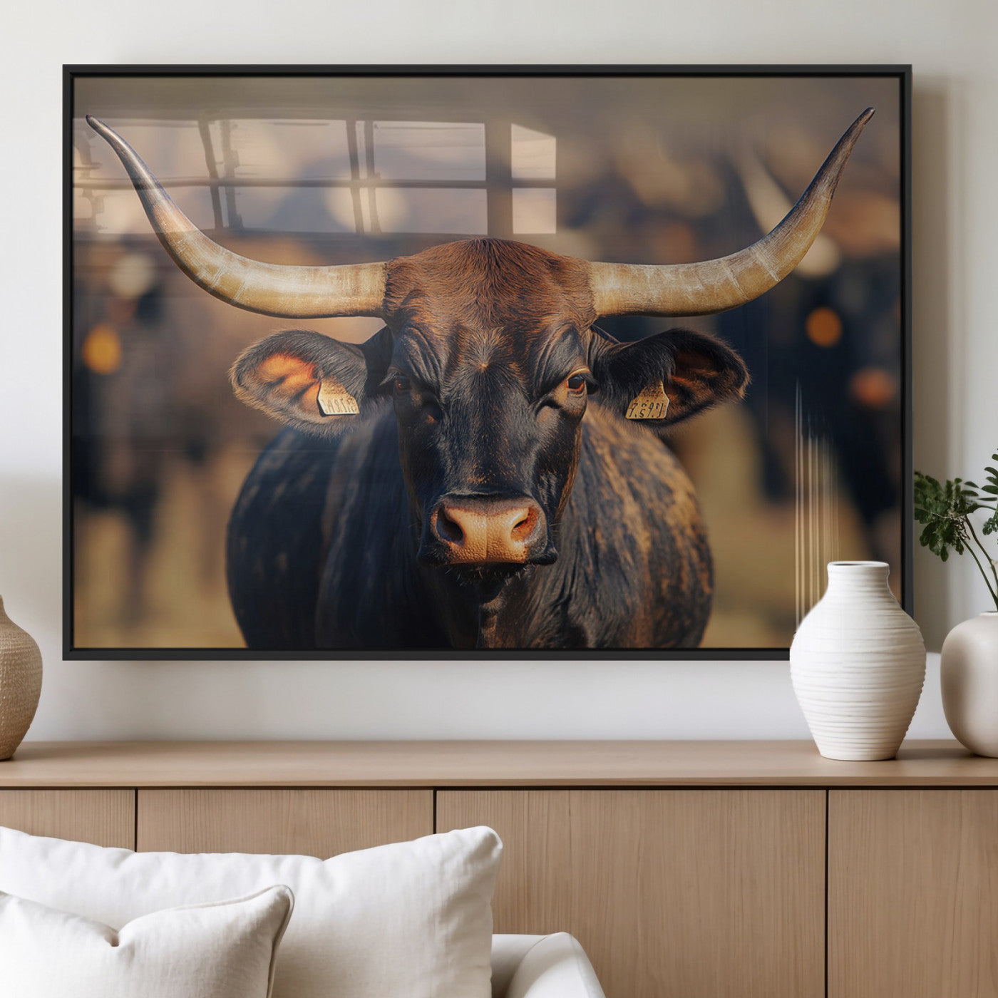 35515971-MGV-CV-60X30-3P_Black-Majestic bull head close-up, long curved horns, detailed fur texture, warm sunlight, focused gaze, Wall Art Canvas Print
